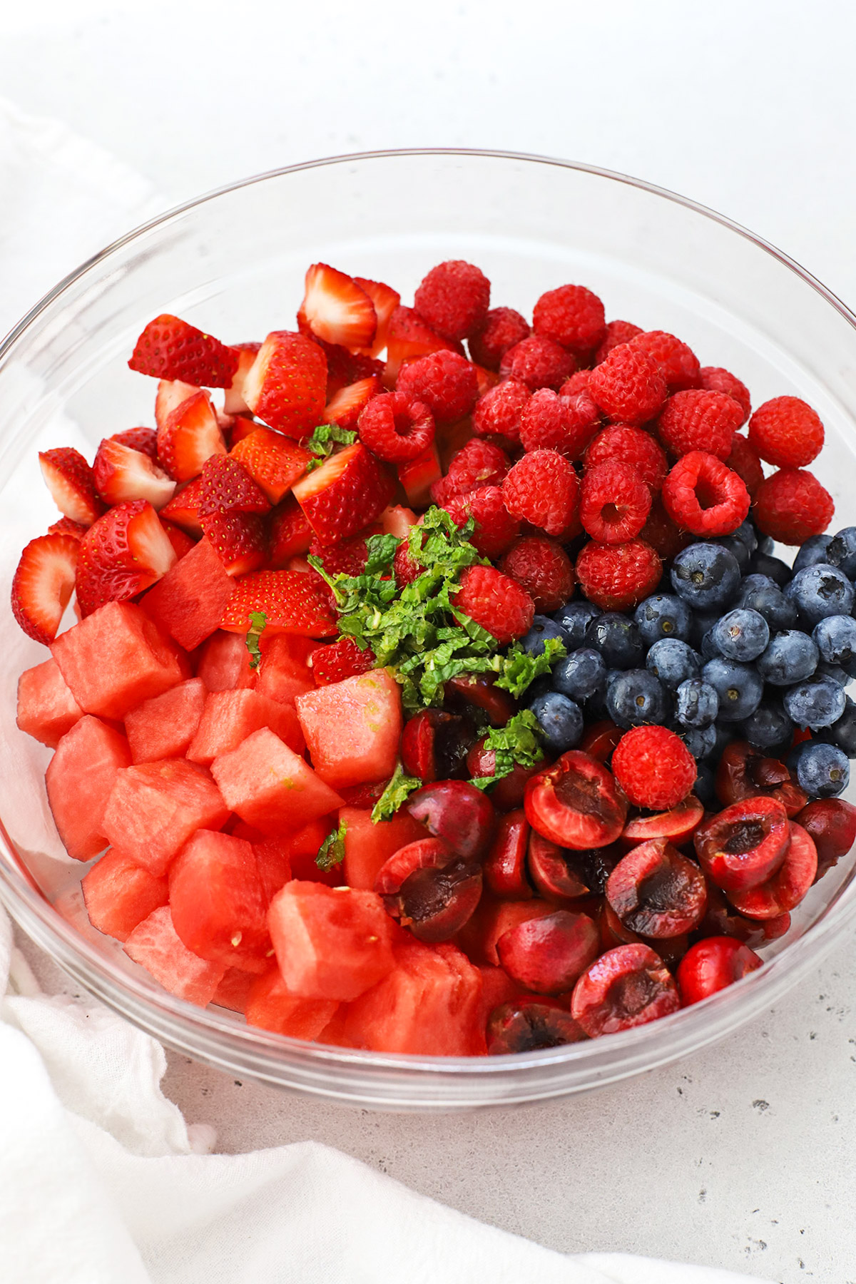 Overhead view of watermelon fruit salad in a bowl.