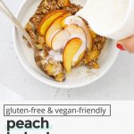 Pouring milk over a slice of gluten-free peach baked oatmeal