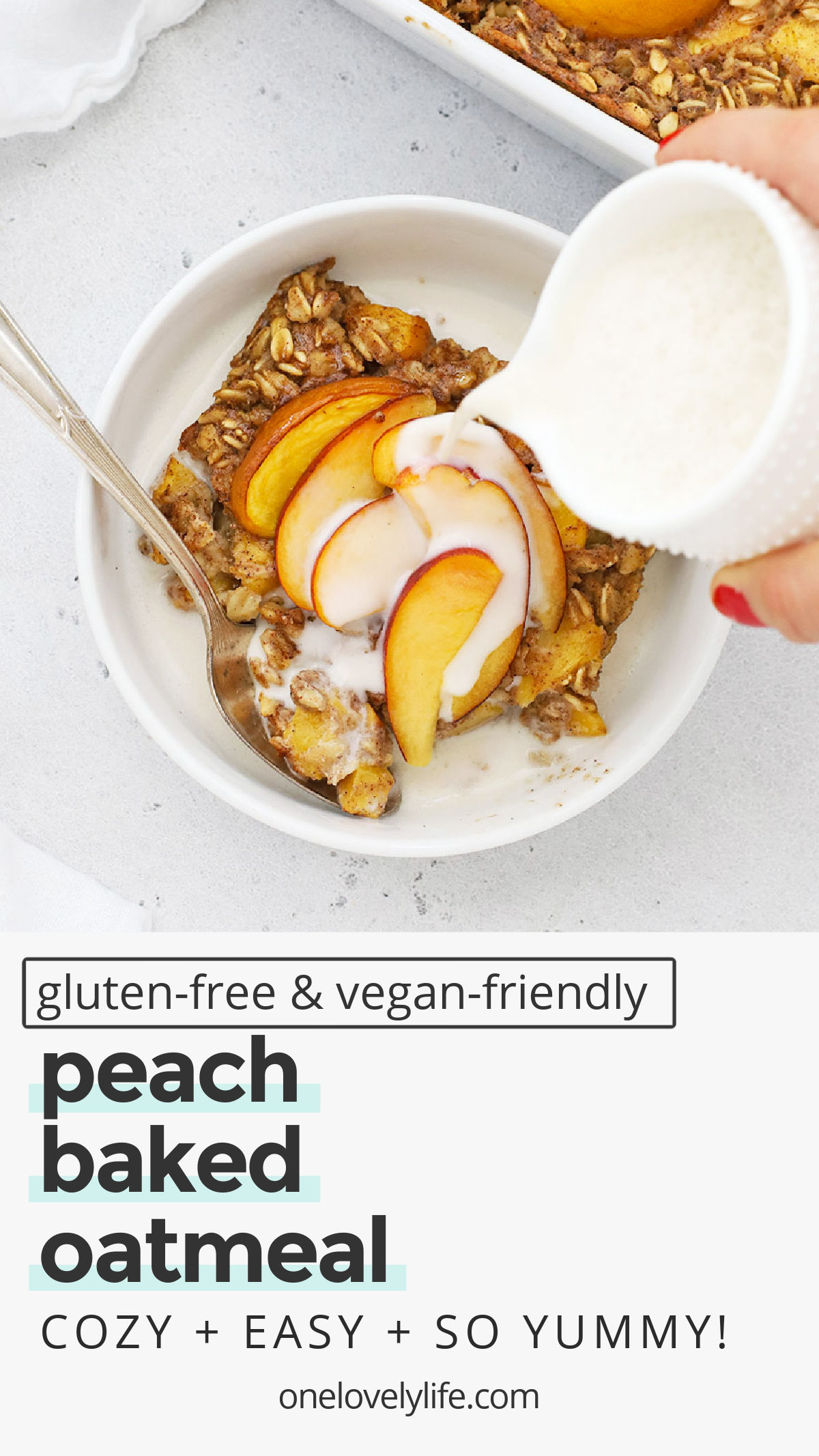 Peach Baked Oatmeal - Peach oatmeal made in the oven! This easy breakfast recipe is a lovely way to serve a crowd on a weekend and makes easy meal-prep breakfasts during the week. Don't miss all our toppings to try with it! (Gluten-Free, Vegan-Friendly) // peach oatmeal bake // peach oatmeal recipe // peach recipe // oatmeal // baked oatmeal // oatmeal bake // gluten free breakfast // meal prep breakfast // breakfast bake