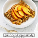 Front view of a slice of gluten-free peach baked oatmeal topped with fresh peach slices