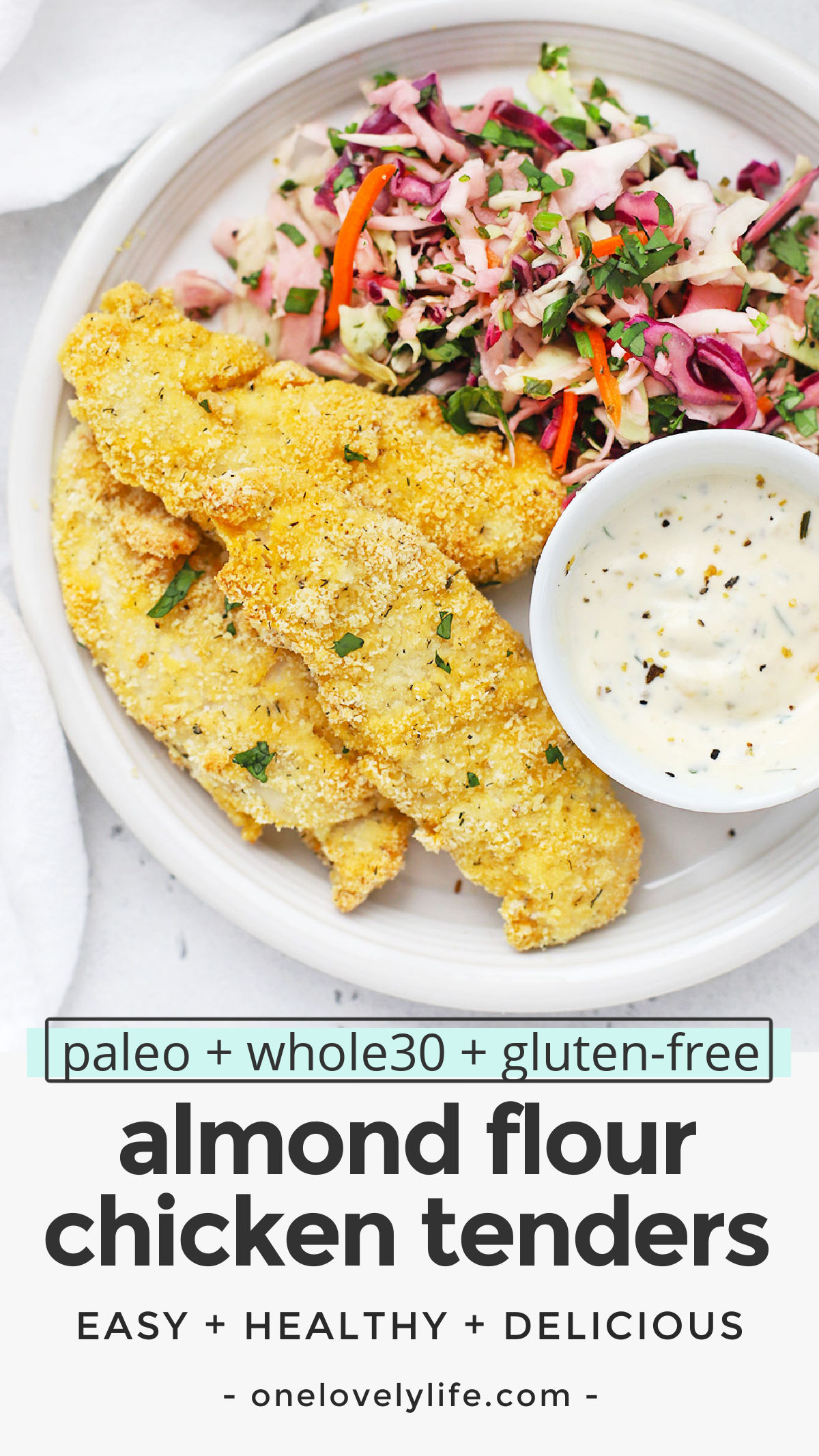 Almond Flour Chicken Tenders - These healthy chicken tenders are breaded with seasoned almond flour and cooked to perfection. Enjoy them on their own, or try them with one of our dipping sauces below! (Paleo, Whole30, Gluten-Free) // Paleo Chicken Tenders // Whole30 Chicken Tenders // Crispy Chicken Tenders // Gluten Free Chicken Tenders // Paleo dinner // Whole30 dinner