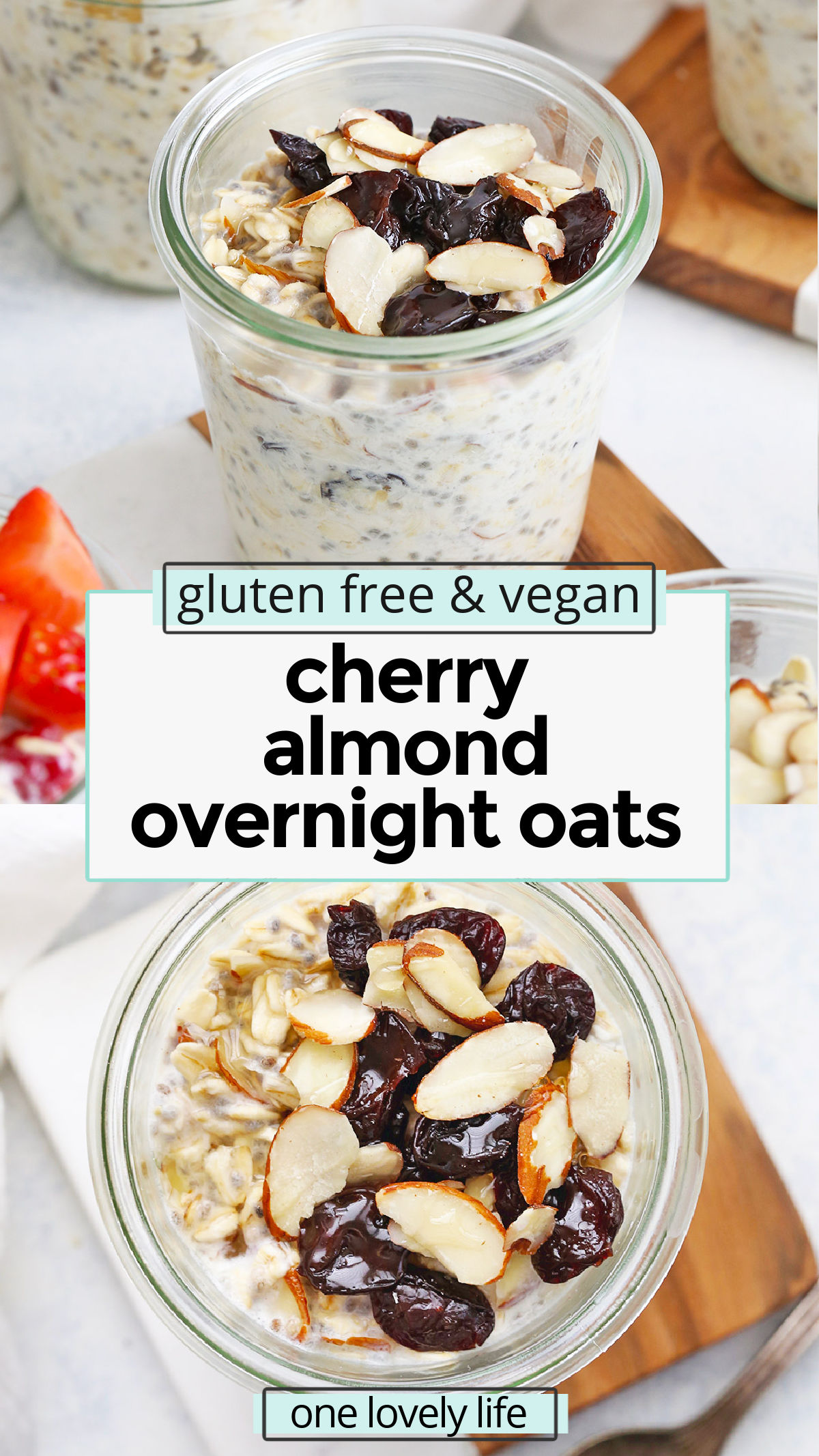 Cherry Almond Overnight Oats - Creamy overnight oats loaded with tangy cherries and crunchy almonds. This yummy overnight oats recipe is one of our favorites! (Gluten-free, vegan) // Meal Prep Breakfast // Cherry Overnight Oats // Healthy Breakfast // Cherry Overnight oatmeal