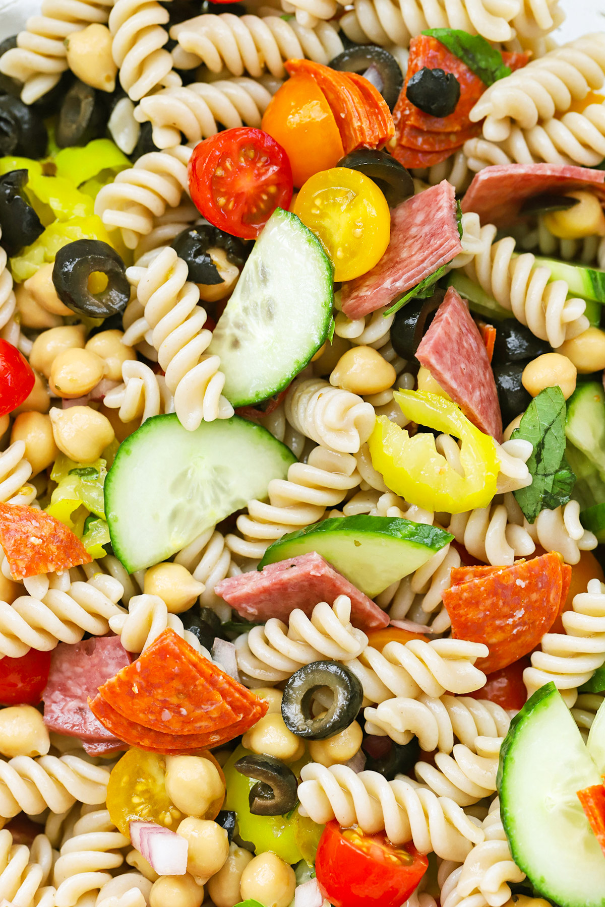 Close up of gluten-free pasta salad after mixing