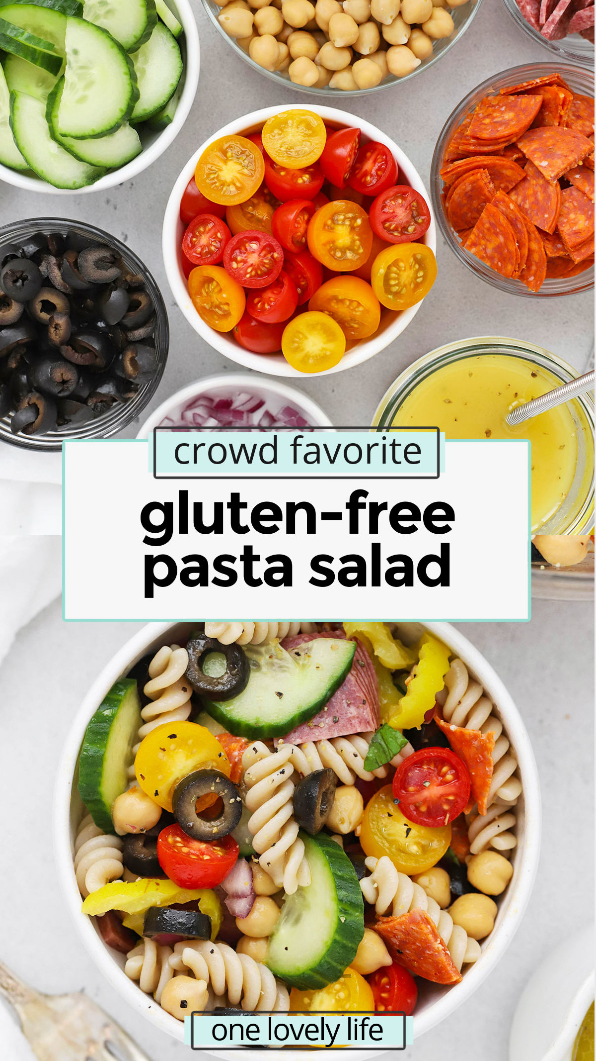 Easy Gluten-Free Pasta Salad - This easy salad is made with colorful veggies, layers of flavor, and a quick homemade dressing you're SURE to love! (Gluten-Free, Dairy-Free) // gluten free salad recipe / gluten free Italian pasta salad / gluten-free antipasto pasta salad / the BEST gluten-free pasta salad recipe / easy summer salads / gluten-free potluck recipe / gluten-free picnic recipe / gluten free salad