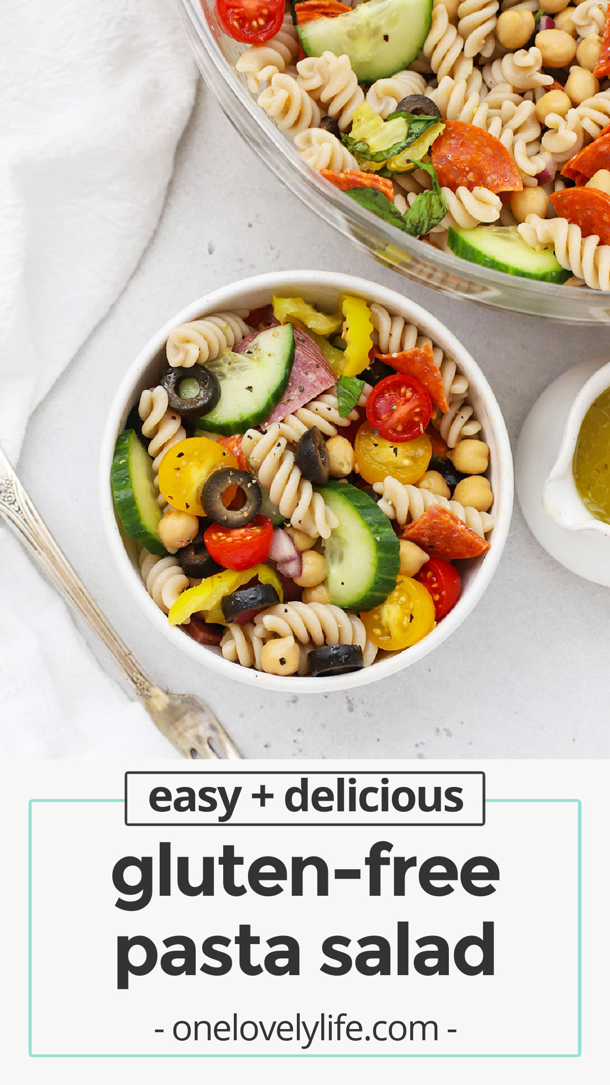 Easy Gluten-Free Pasta Salad - This easy salad is made with colorful veggies, layers of flavor, and a quick homemade dressing you're SURE to love! (Gluten-Free, Dairy-Free) // gluten free salad recipe / gluten free Italian pasta salad / gluten-free antipasto pasta salad / the BEST gluten-free pasta salad recipe / easy summer salads / gluten-free potluck recipe / gluten-free picnic recipe / gluten free salad