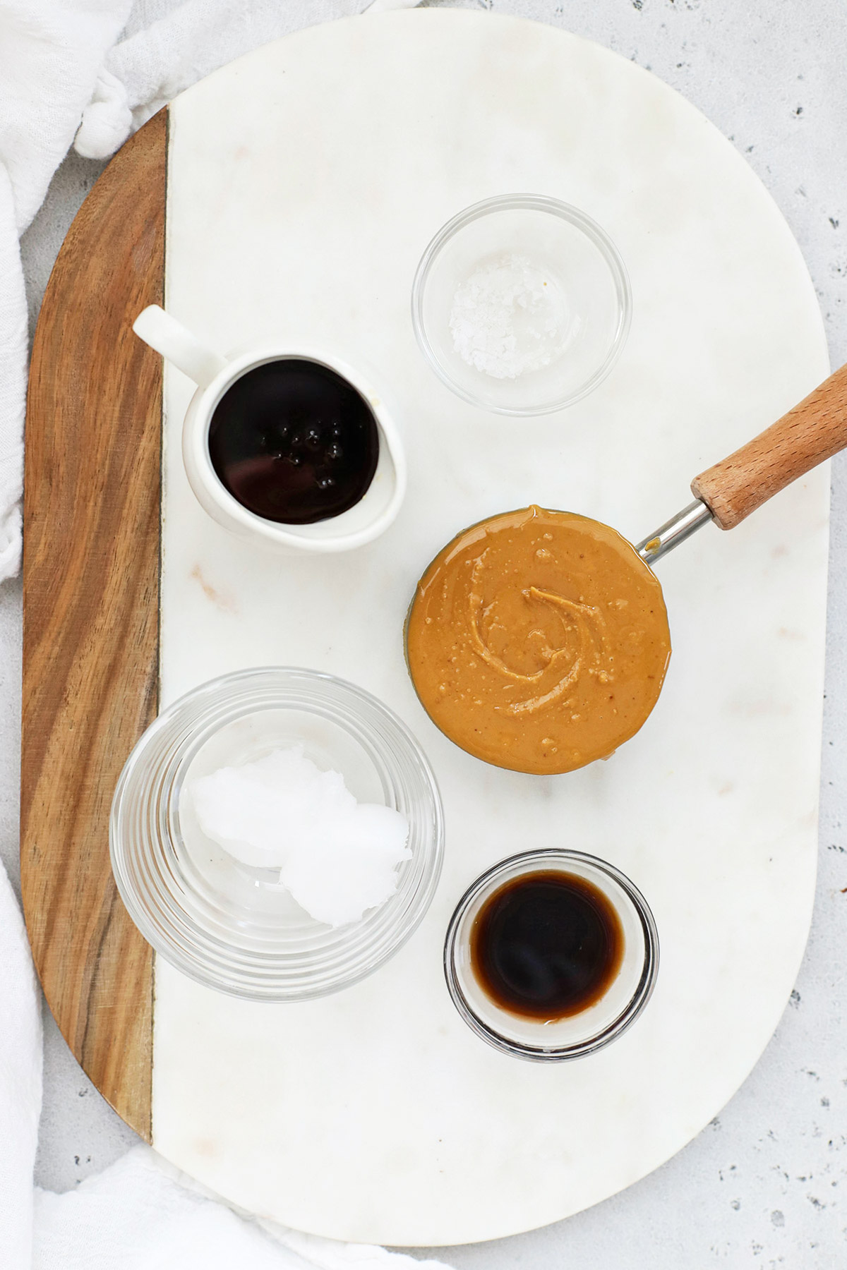 overhead view of ingredients for peanut butter caramel dip