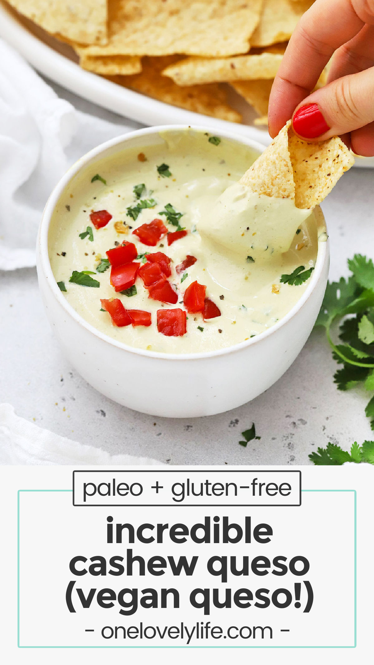 Vegan Queso Dip - This easy cashew queso recipe is SO creamy, cheesy, and delicious, all without dairy! You'll love it with chips, nachos, and more! // Vegan queso recipe / vegan queso no potato / vegan queso no tofu / dairy free queso recipe / vegan appetizer / healthy queso recipe / tex mex recipe / paleo queso dip recipe / paleo queso /