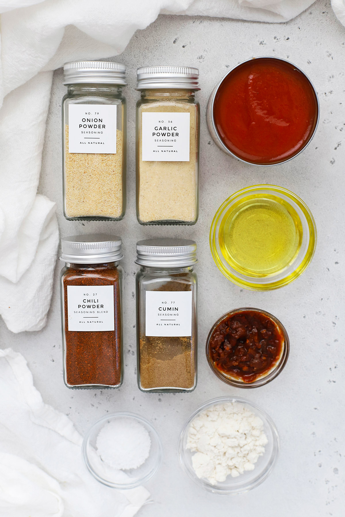 Overhead view of ingredients for gluten-free red enchilada sauce