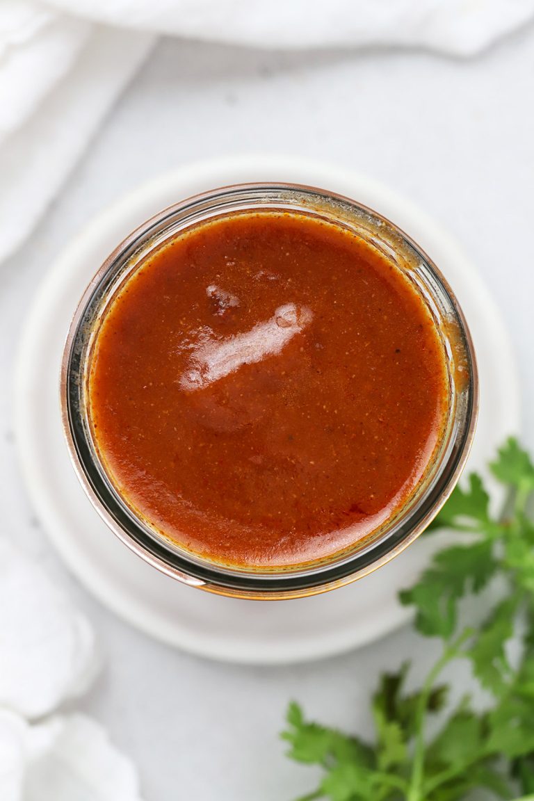 Overhead view of a jar of gluten-free red enchilada sauce
