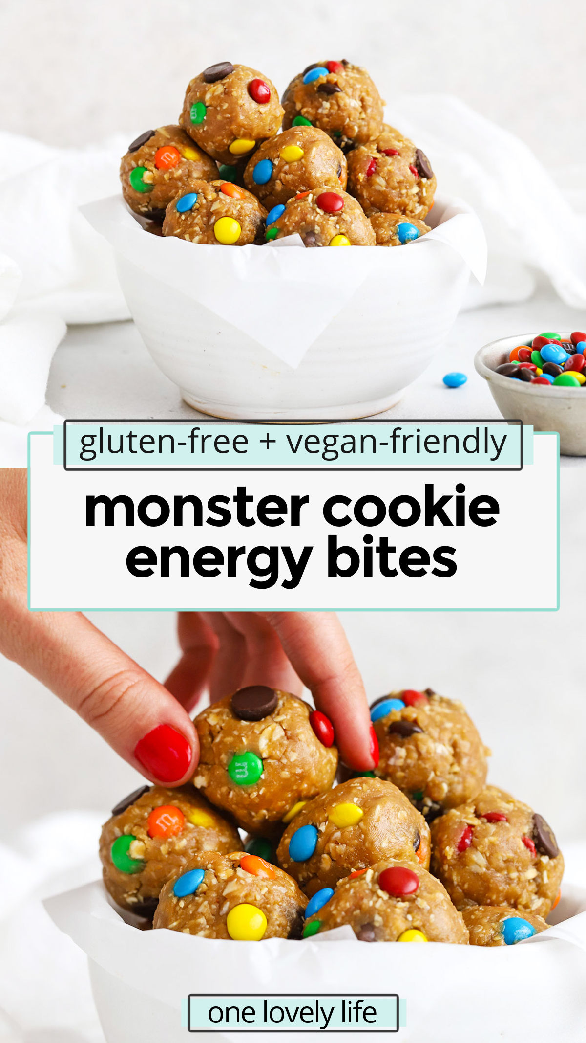 Monster Cookie Energy Bites - These peanut butter oatmeal energy bites made with chocolate chips and chocolate candies make for a fun, easy treat! (Gluten-Free, Vegan-Friendly) / m&m energy bites / No Bake Monster Cookie Energy Bites / Monster Energy bites / monster energy balls / No Bake Monster Cookie Energy Balls / Healthy Monster Cookie Energy Bites / Healthy Snack / Healthy After School Snack / Meal Prep Snack / Healthy Treat / Gluten Free Snack / Vegan Snack