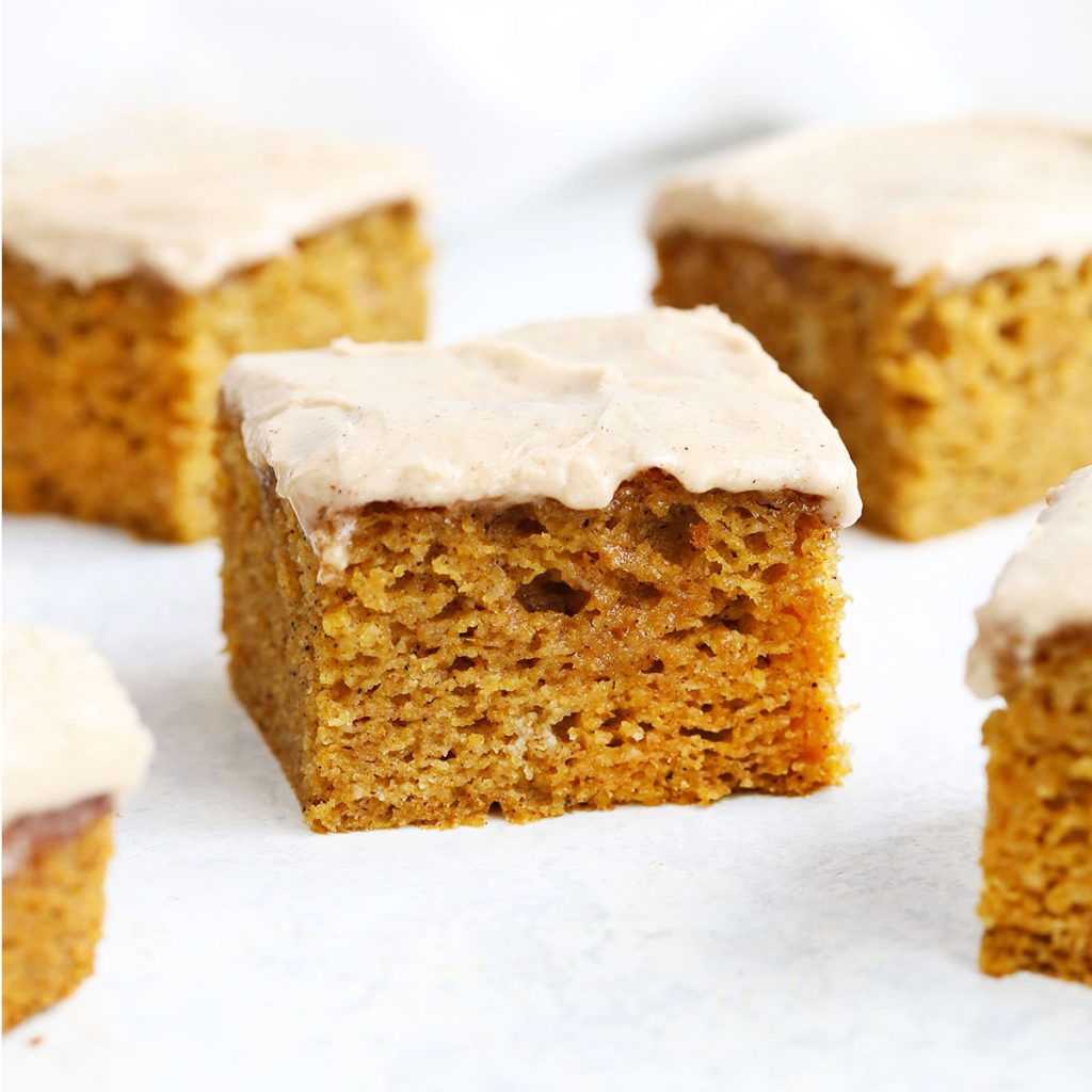 front view of gluten-free almond flour pumpkin cake with cinnamon frosting