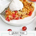 Front view of a slice of gluten-free apple cranberry crumble pie topped with a scoop of vanilla ice cream