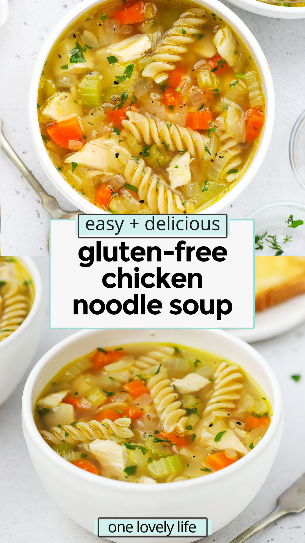 Gluten-Free Chicken Noodle Soup - This easy gluten-free chicken soup recipe is full of flavor, made from simple ingredients & tastes so cozy! (Dairy-free) // gluten-free chicken noodle soup recipe / the best gluten-free chicken noodle soup recipe / gluten-free soup recipe / gluten-free noodle soup recipe / healthy chicken noodle soup / homemade chicken noodle soup / homemade gluten-free chicken noodle soup from scratch