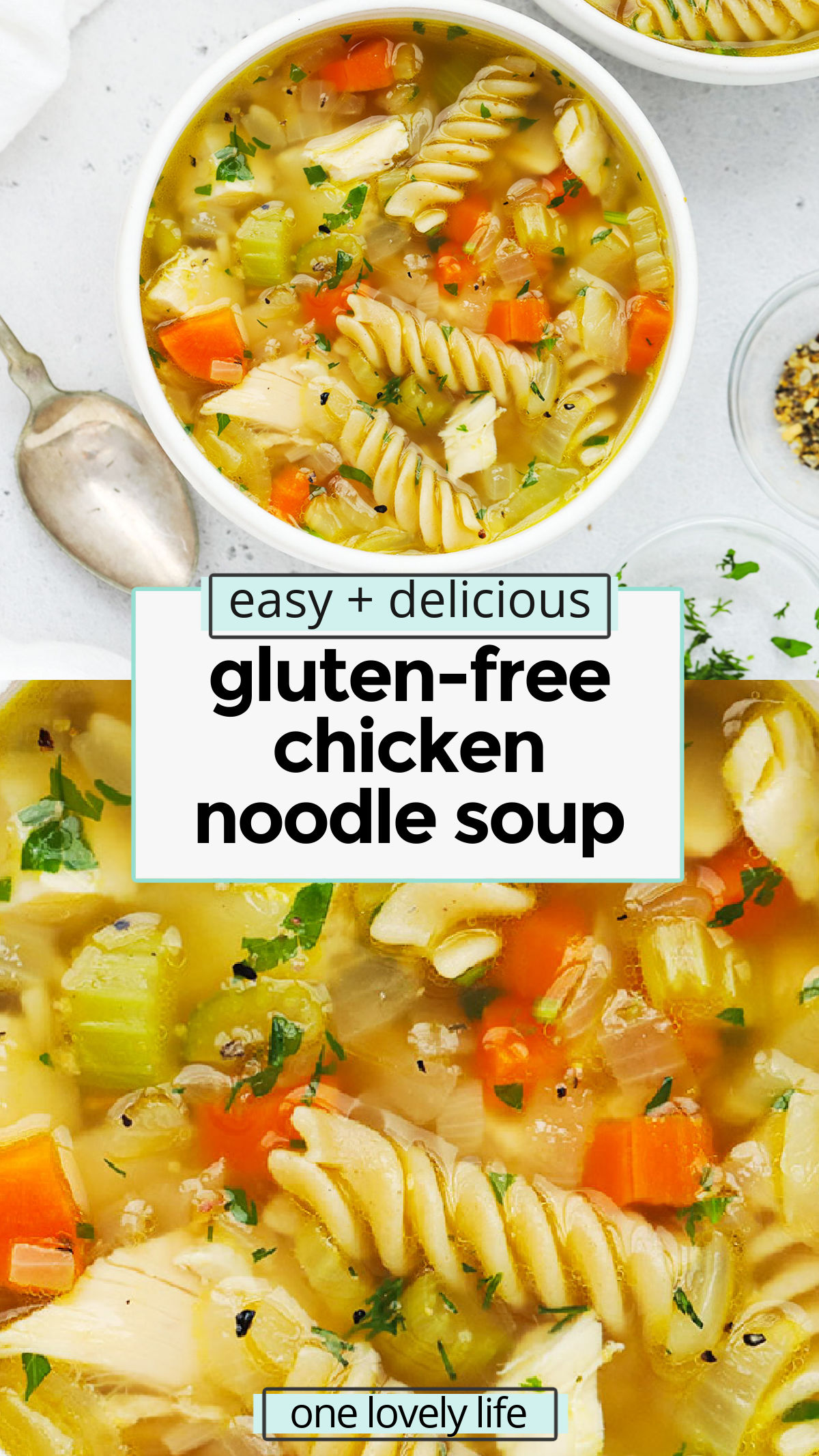 Gluten-Free Chicken Noodle Soup - This easy gluten-free chicken soup recipe is full of flavor, made from simple ingredients & tastes so cozy! (Dairy-free) // gluten-free chicken noodle soup recipe / the best gluten-free chicken noodle soup recipe / gluten-free soup recipe / gluten-free noodle soup recipe / healthy chicken noodle soup / homemade chicken noodle soup / homemade gluten-free chicken noodle soup from scratch
