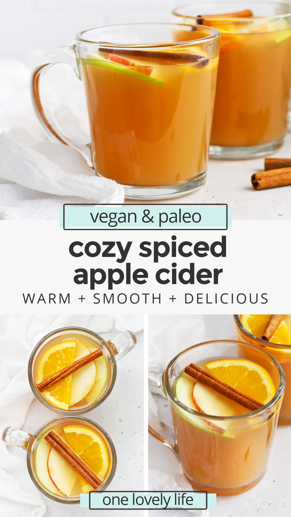 Cozy Spiced Cider - This easy spiced apple cider recipe smells and tastes incredible. The perfect blend of flavors and spices! (Naturally paleo & Vegan) // Spiced Cider Recipe // Naturally sweetened spiced cider // healthy fall drink // warm drinks // holiday drinks // non-alcoholic drinks // Christmas cider drink // hot drinks // hot cider recipe / spiced cider recipe / mulled cider recipe