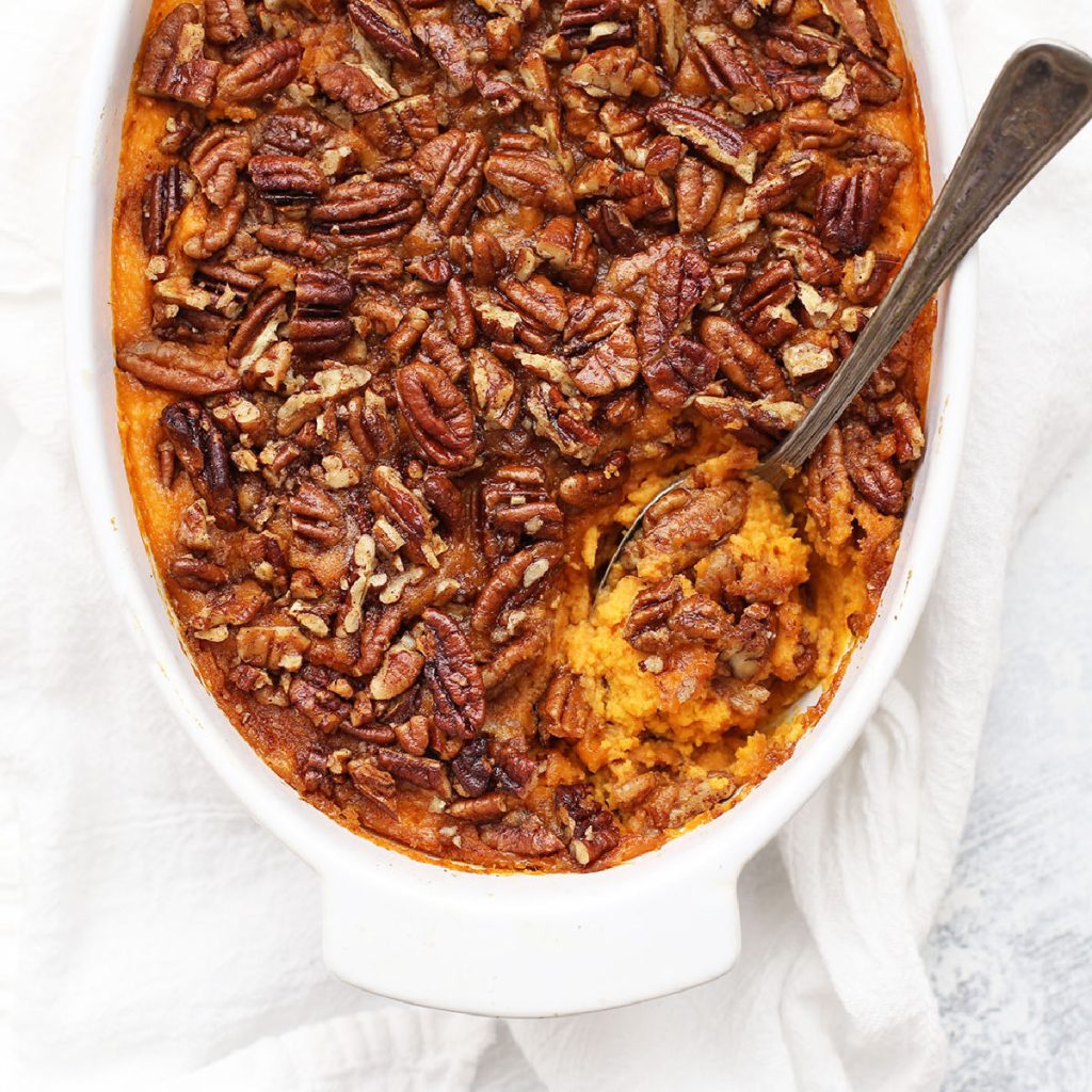 Overhead view of paleo sweet potato casserole with pecan topping