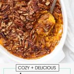 overhead view of paleo, vegan sweet potato casserole with pecan topping
