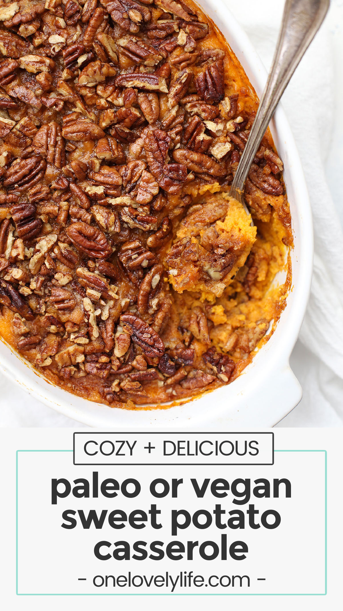 Paleo (or Vegan!) Sweet Potato Casserole - Gluten free, naturally sweetened, and totally delicious! // Vegan sweet potato casserole recipe // paleo sweet potato casserole recipe // healthy sweet potato casserole recipe // dairy free sweet potato casserole recipe // gluten free sweet potato casserole recipe // Thanksgiving side dish // Paleo thanksgiving // healthy thanksgiving recipe