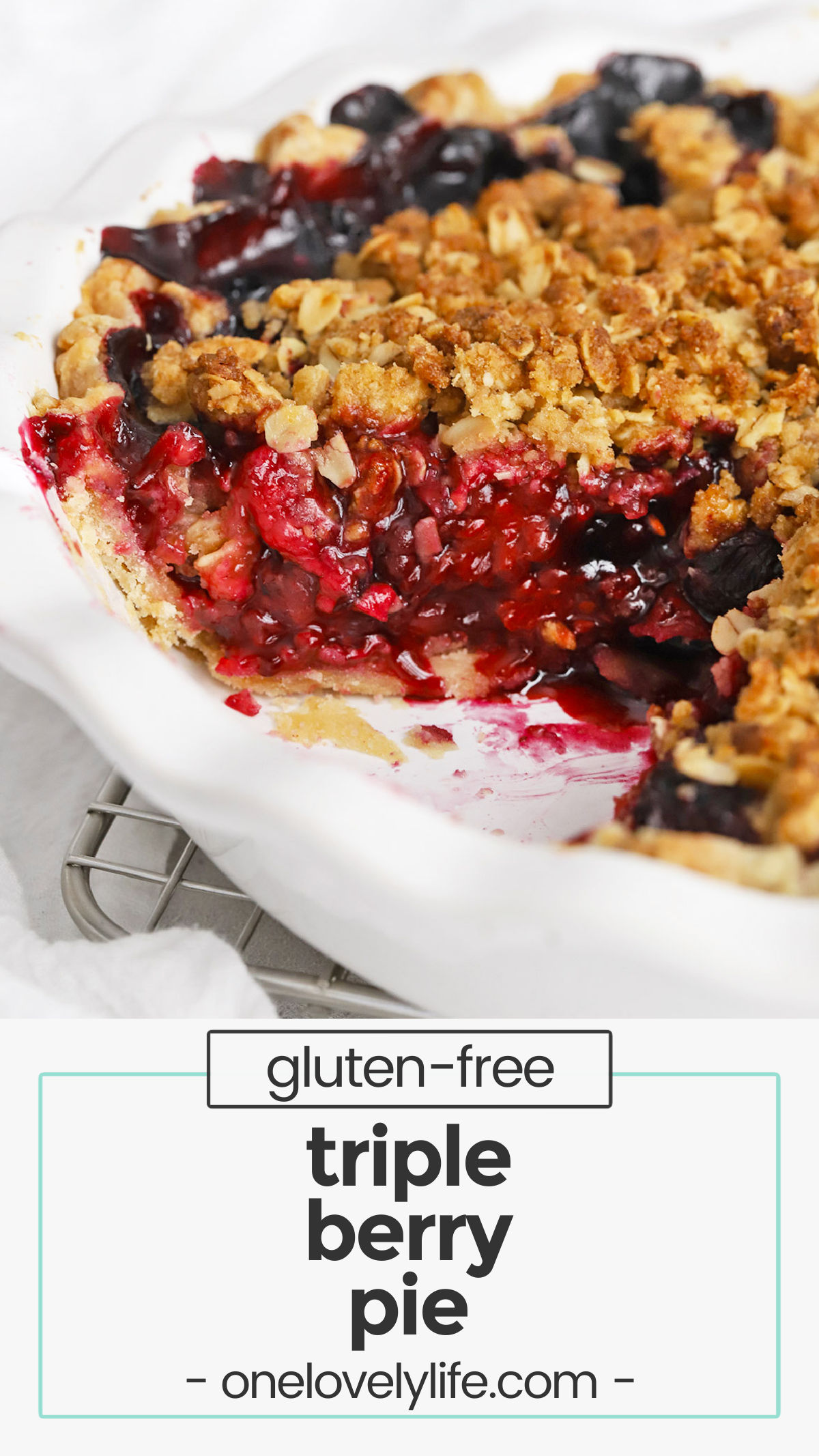 Triple Berry Crumble Pie - This berry crumble pie features a bright, tangy berry filling & gorgeous crumble topping you'll fall in love with at first bite! (Gluten-Free, Vegan-Friendly) // Berry Pie recipe // Mixed berry pie // mixed berry crumble pie // triple berry pie // berry pie with oat topping // gluten free pie // vegan pie // thanksgiving pie // christmas pie // 4th of July dessert // berry pie recipe