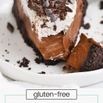 front view of a slice of vegan chocolate cream pie with gluten-free Oreo crust