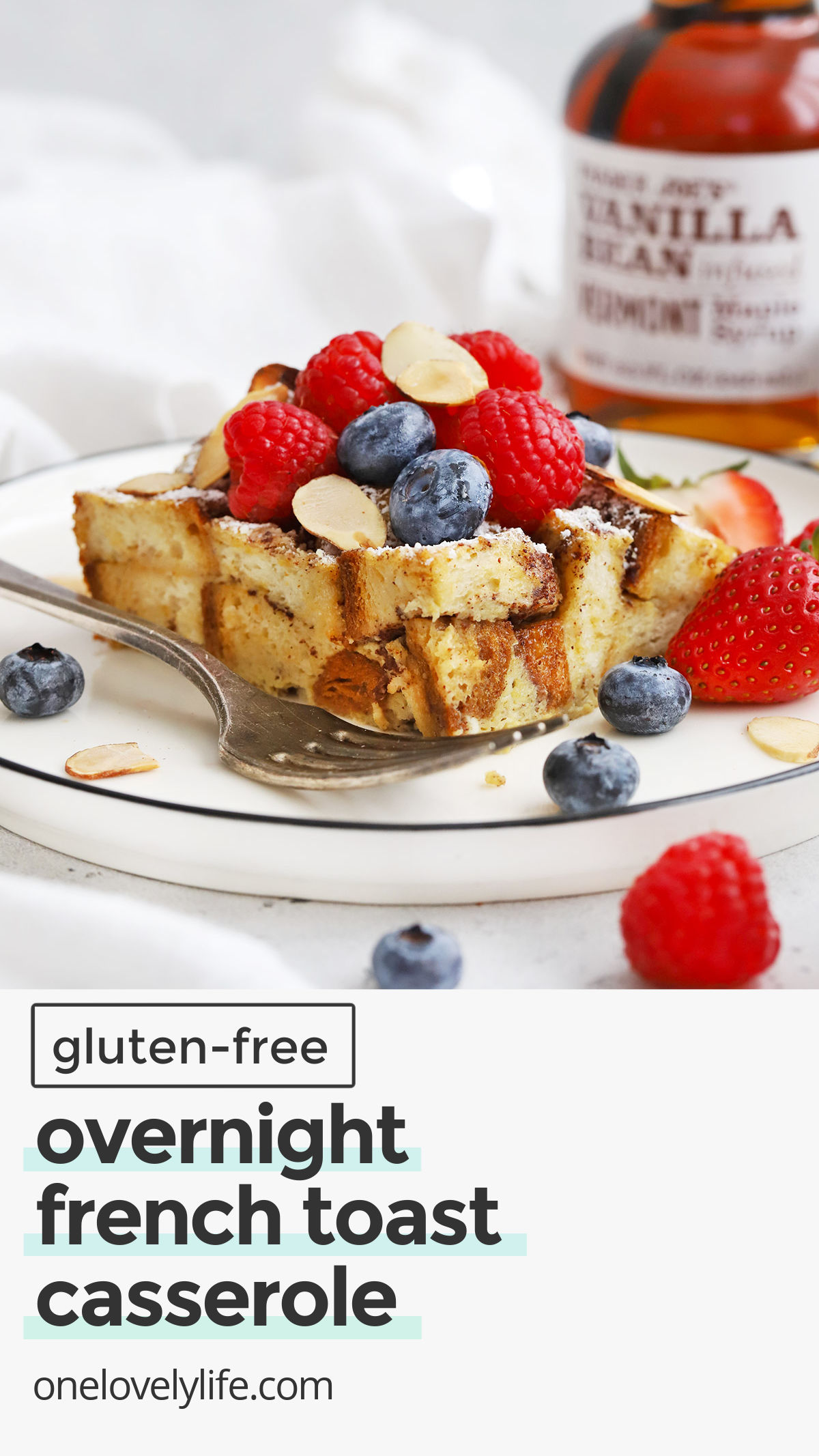 Gluten-Free French Toast Casserole - This easy overnight French toast casserole takes all the hassle out of French toast! Try our classic recipe or one of the tasty variations in the post for a fun treat! (Gluten-Free + Dairy-Free) // Gluten Free French Toast Bake // Gluten-Free Baked French Toast // Gluten-Free Overnight French Toast Casserole // Gluten Free Bread Pudding