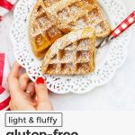 fluffy gluten-free waffles on a white lace plate