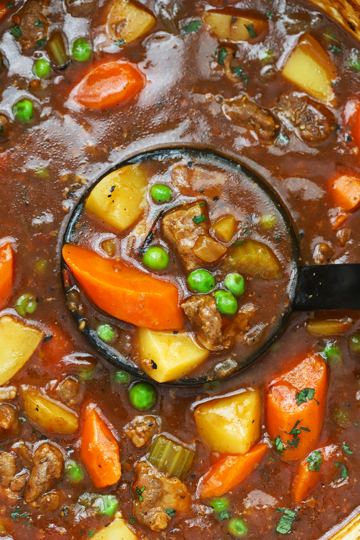 A ladle scooping gluten-free beef stew