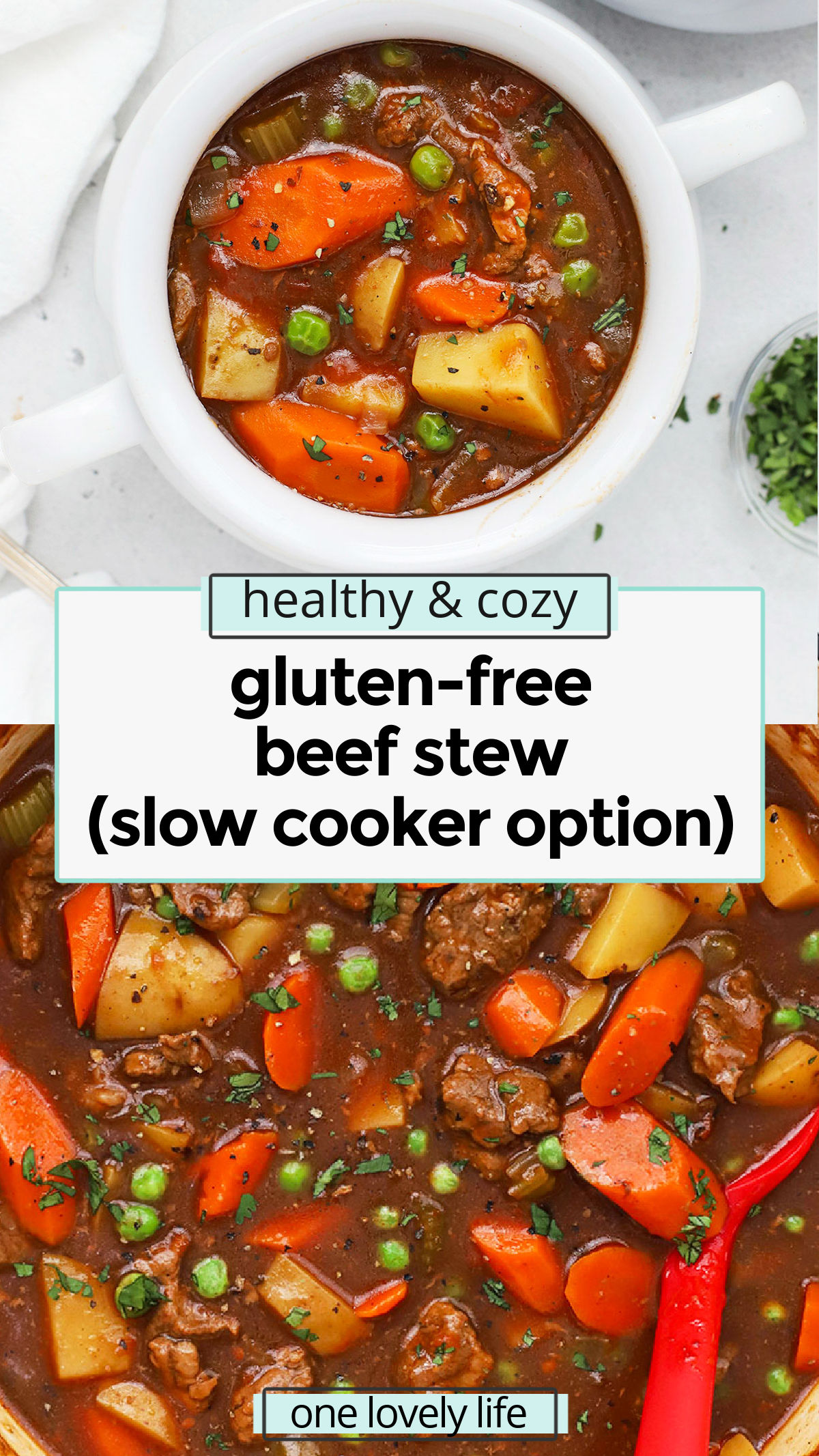 This Gluten-Free Beef Stew recipe is cozy, hearty & delicious. Make it on the stovetop, in the oven, or in the slow cooker. You'll love it! // slow cooker gluten-free beef stew recipe / healthy beef stew recipe / gluten-free dutch oven beef stew / beef stew in the oven / beef stew without flour / the best gluten-free beef stew recipe / healthy stew / slow cooker stew / stovetop beef stew