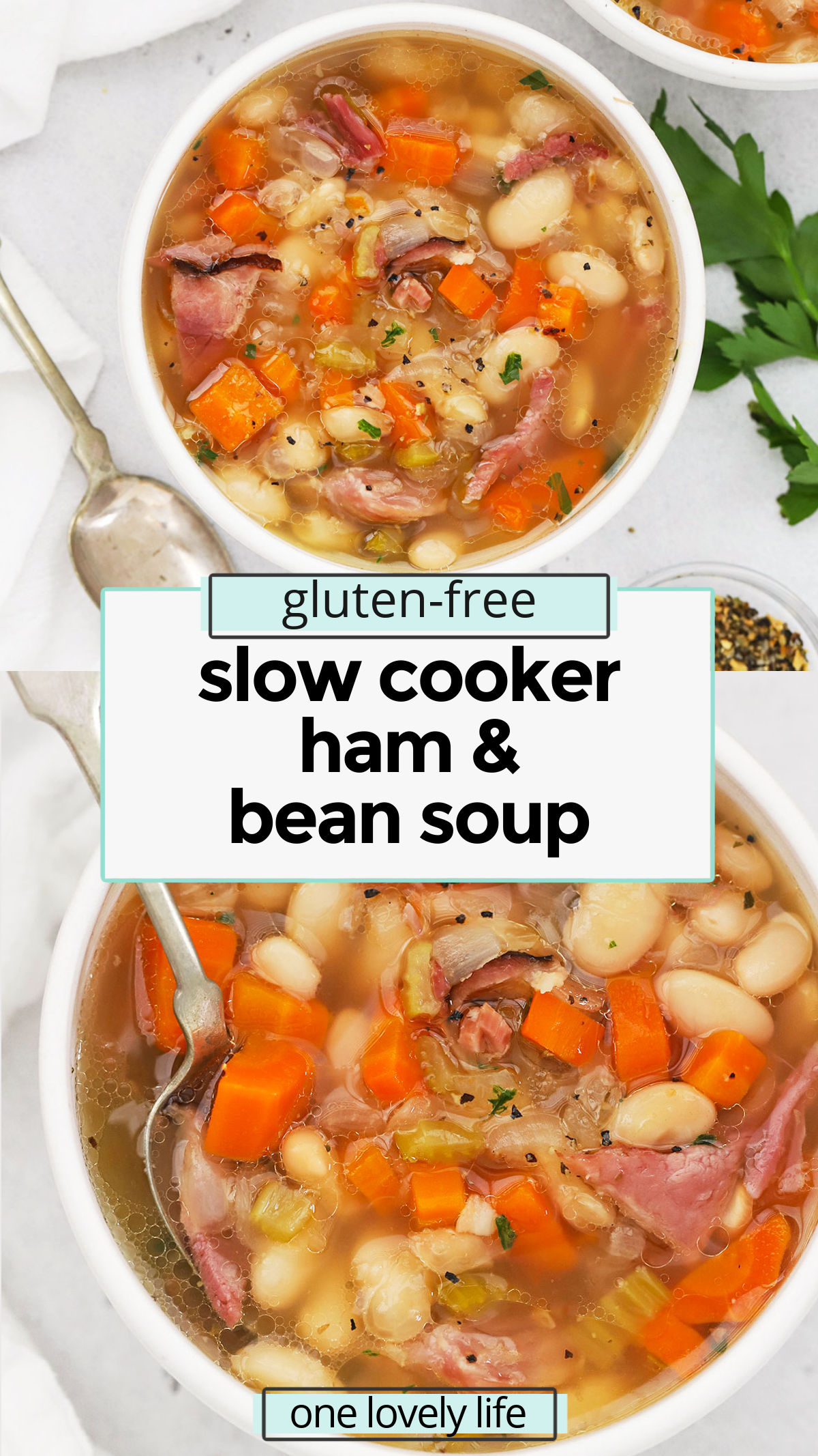 Slow Cooker Ham And Bean Soup - This cozy crock pot ham bean soup is the perfect way to use up leftover ham from the holidays! You'll love the flavor. // ham leftovers // healthy slow cooker soup // healthy crock pot soup // gluten free slow cooker soup / gluten free crock pot soup / ideas for leftover ham /
