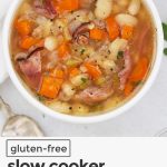 ham and bean soup in a white bowl