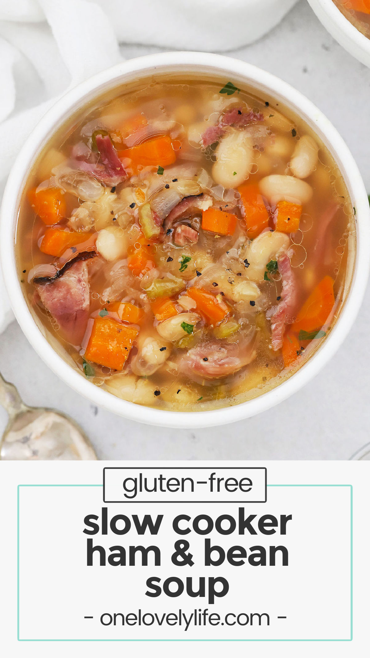 Slow Cooker Ham And Bean Soup - This cozy crock pot ham bean soup is the perfect way to use up leftover ham from the holidays! You'll love the flavor. // ham leftovers // healthy slow cooker soup // healthy crock pot soup // gluten free slow cooker soup / gluten free crock pot soup / ideas for leftover ham /
