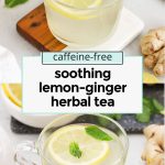 Glass mug of lemon ginger herbal tea with fresh mint