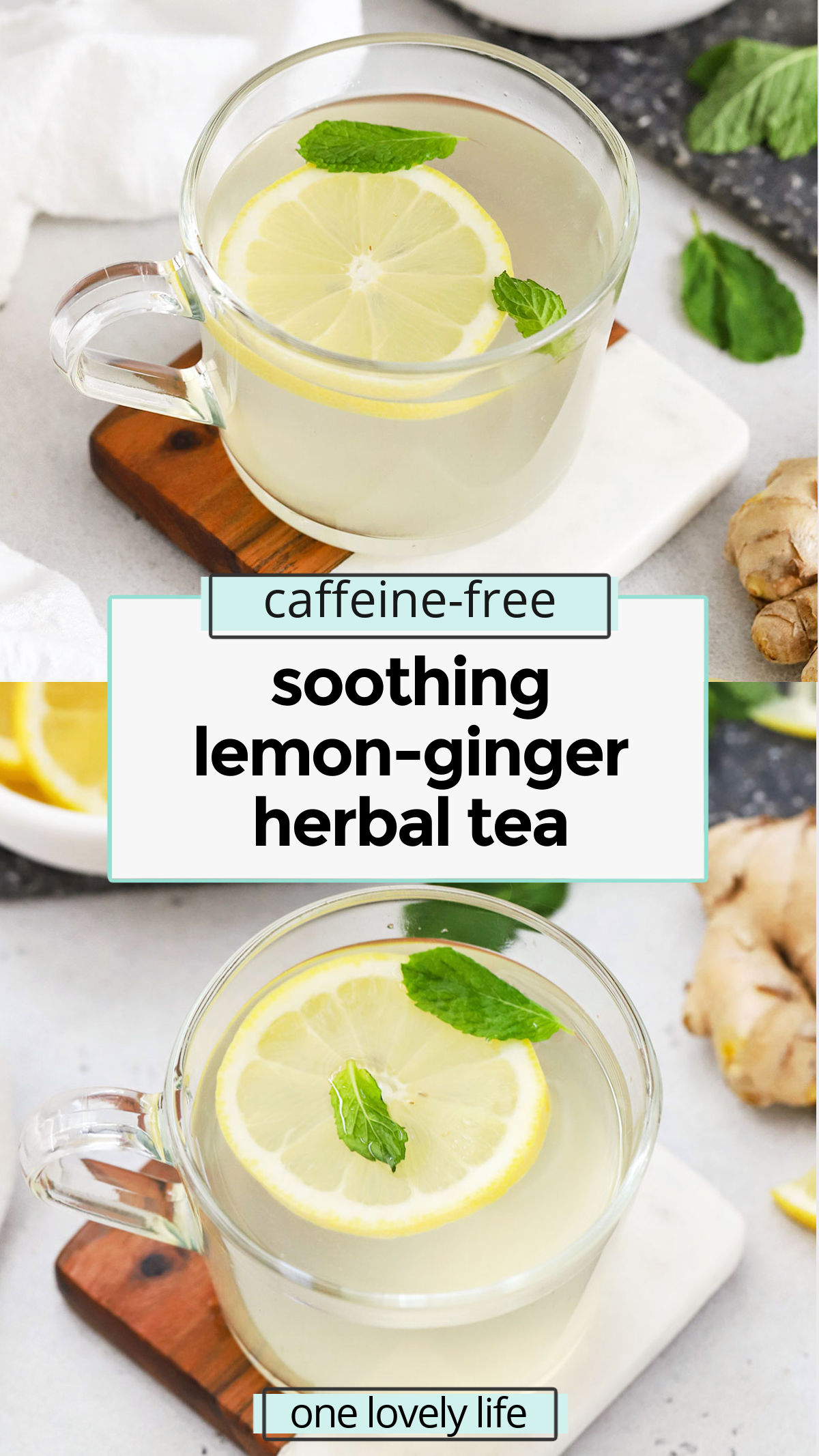This lemon ginger tea recipe is so cozy when the weather turns cold. You'll love the bright citrus and warm spice from the ginger! / fresh ginger tea recipe / lemon ginger herbal tea / DIY herbal tea / ginger lemon tea recipe / warm drinks / healthy drinks / healthy hot drinks / healthy drink recipe / homemade ginger lemon tea / homemade ginger tea / fresh lemon ginger tea