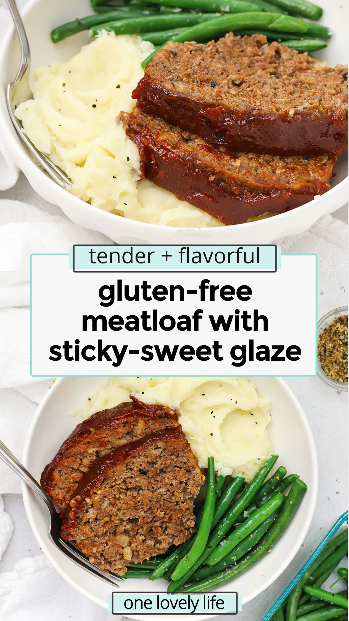 Our easy Gluten-Free Meatloaf recipe has tender texture, plenty of protein, and a yummy sticky sweet glaze that make it a classic! // classic gluten free meatloaf / healthy meatloaf / lean meatloaf / high protein dinner ideas / gluten free protein dinner / easy meatloaf glaze / the best meatloaf glaze / meatloaf glaze recipe / thick meatloaf glaze / gluten free dinner / gluten free comfort food / gluten free meat and potatoes dinner