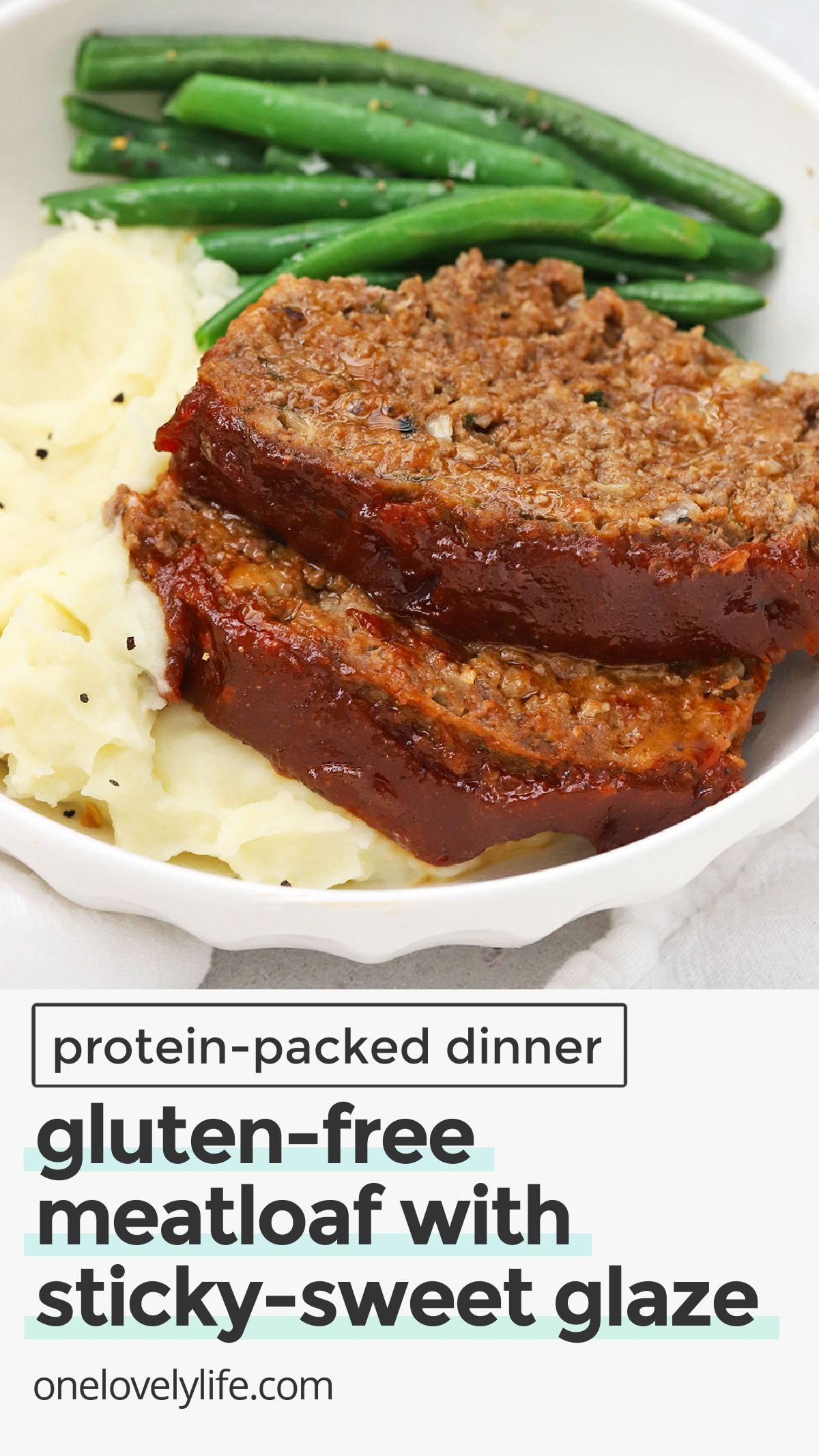 Our easy Gluten-Free Meatloaf recipe has tender texture, plenty of protein, and a yummy sticky sweet glaze that make it a classic! // classic gluten free meatloaf / healthy meatloaf / lean meatloaf / high protein dinner ideas / gluten free protein dinner / easy meatloaf glaze / the best meatloaf glaze / meatloaf glaze recipe / thick meatloaf glaze / gluten free dinner / gluten free comfort food / gluten free meat and potatoes dinner