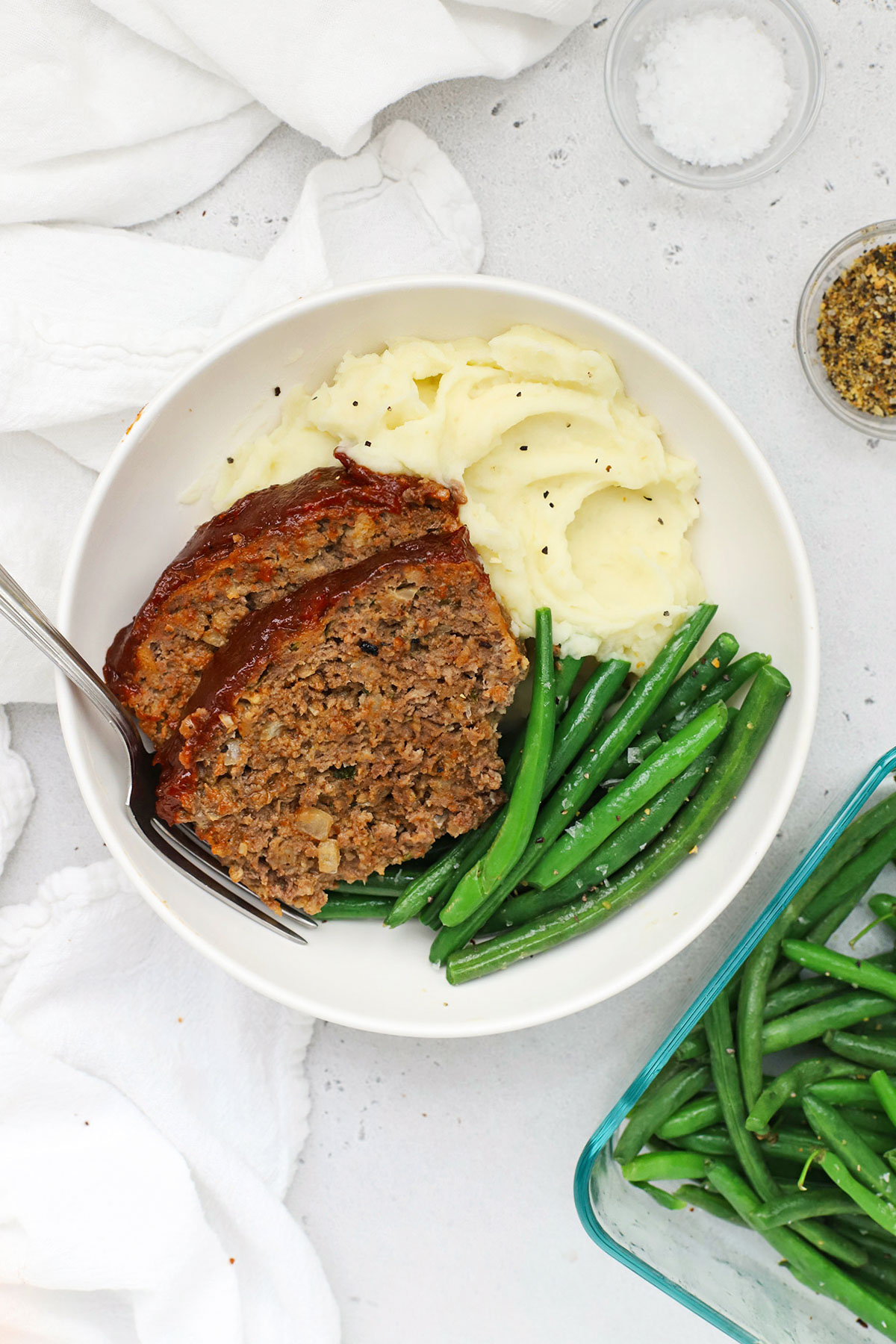 gluten-free meatloaf with mashed potatoes and green beans