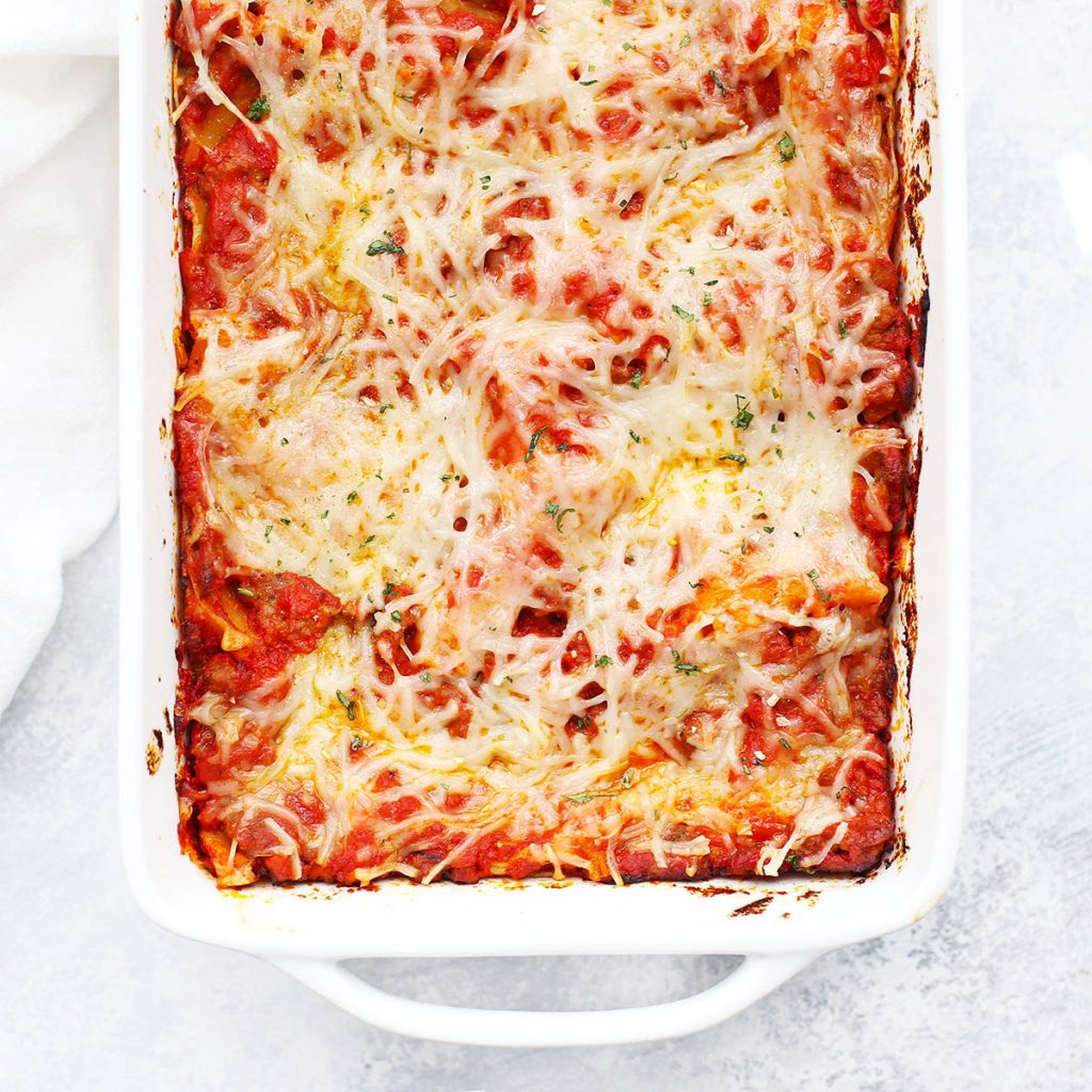 gluten-free lasagna in a white pan