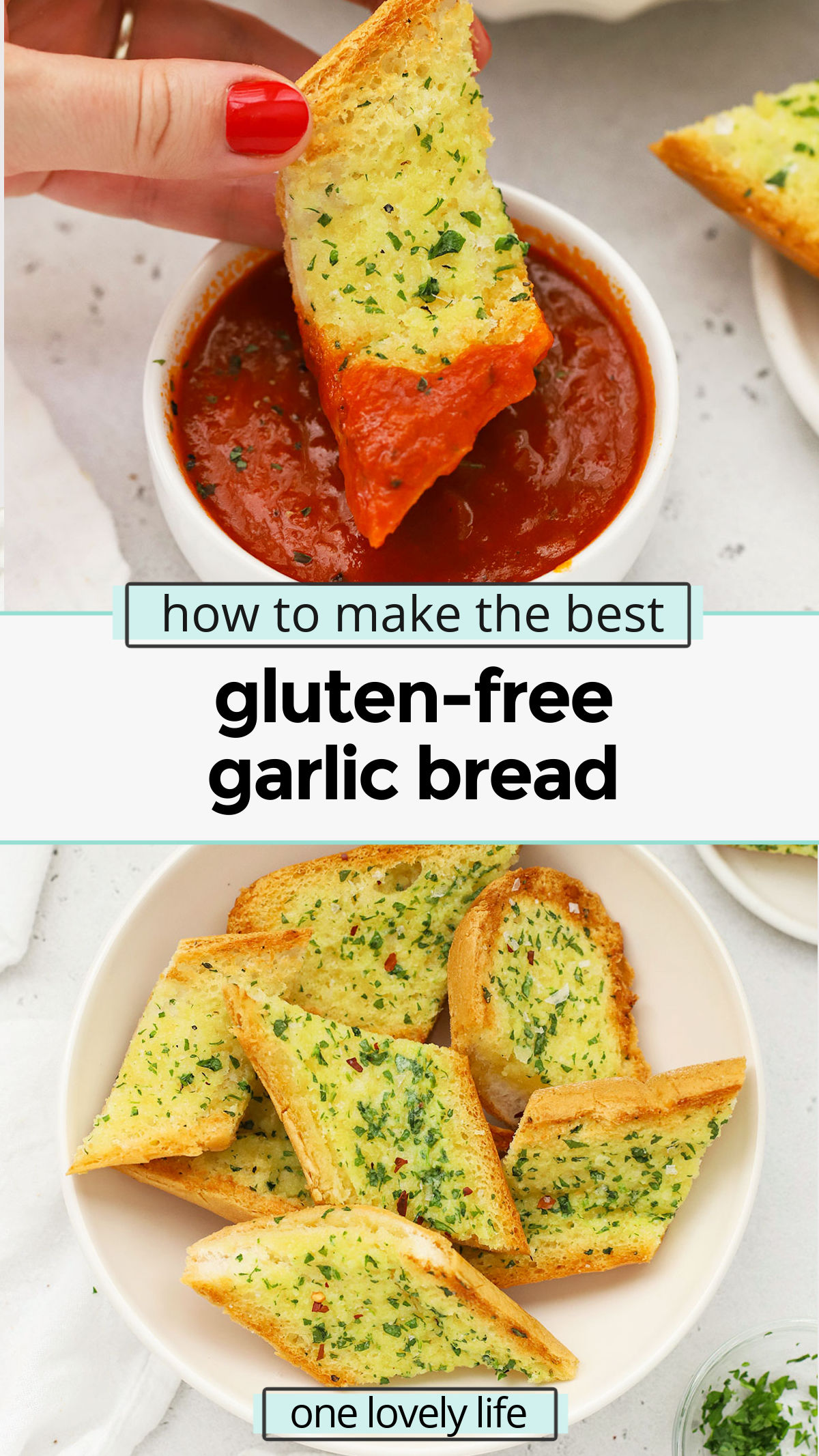 How to make the BEST gluten-free garlic bread. Soft gluten-free baguettes + our easy garlic butter = toasty, buttery perfection! // gluten-free Texas toast / gluten-free garlic toast / garlic butter recipe / garlic toast / gluten free side dish / gluten-free side dishes / sides to serve with spaghetti /