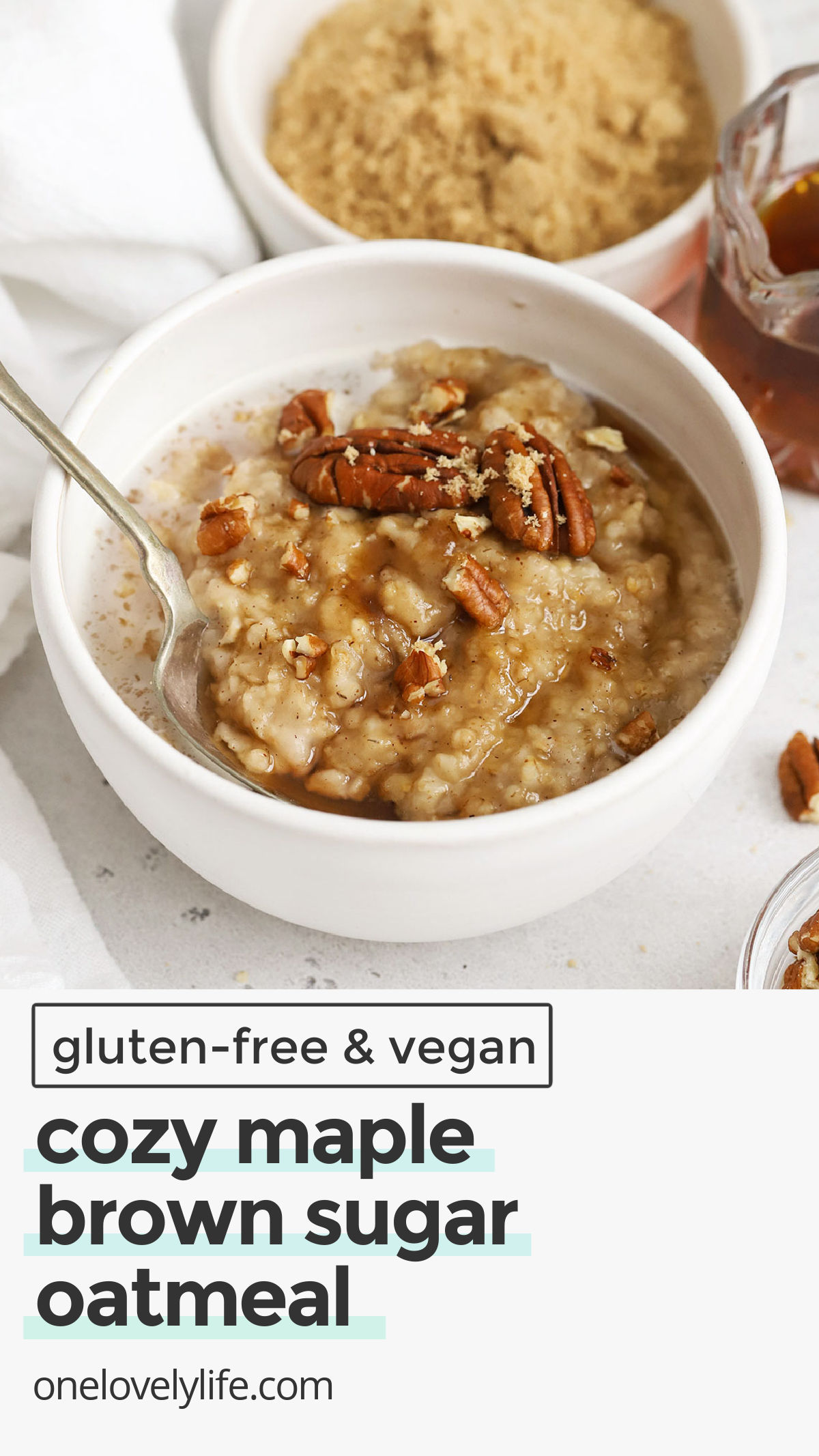 This Easy Maple Brown Sugar Oatmeal Recipe is a perfect homemade swap for oatmeal packets! It's quick, easy & SO GOOD! (Gluten-Free & Vegan, too!) // maple oatmeal / brown sugar oatmeal / maple pecan oatmeal / brown sugar pecan oatmeal / homemade oatmeal packets / easy breakfast / quick breakfast / gluten free breakfast / vegan breakfast / oatmeal bowl /