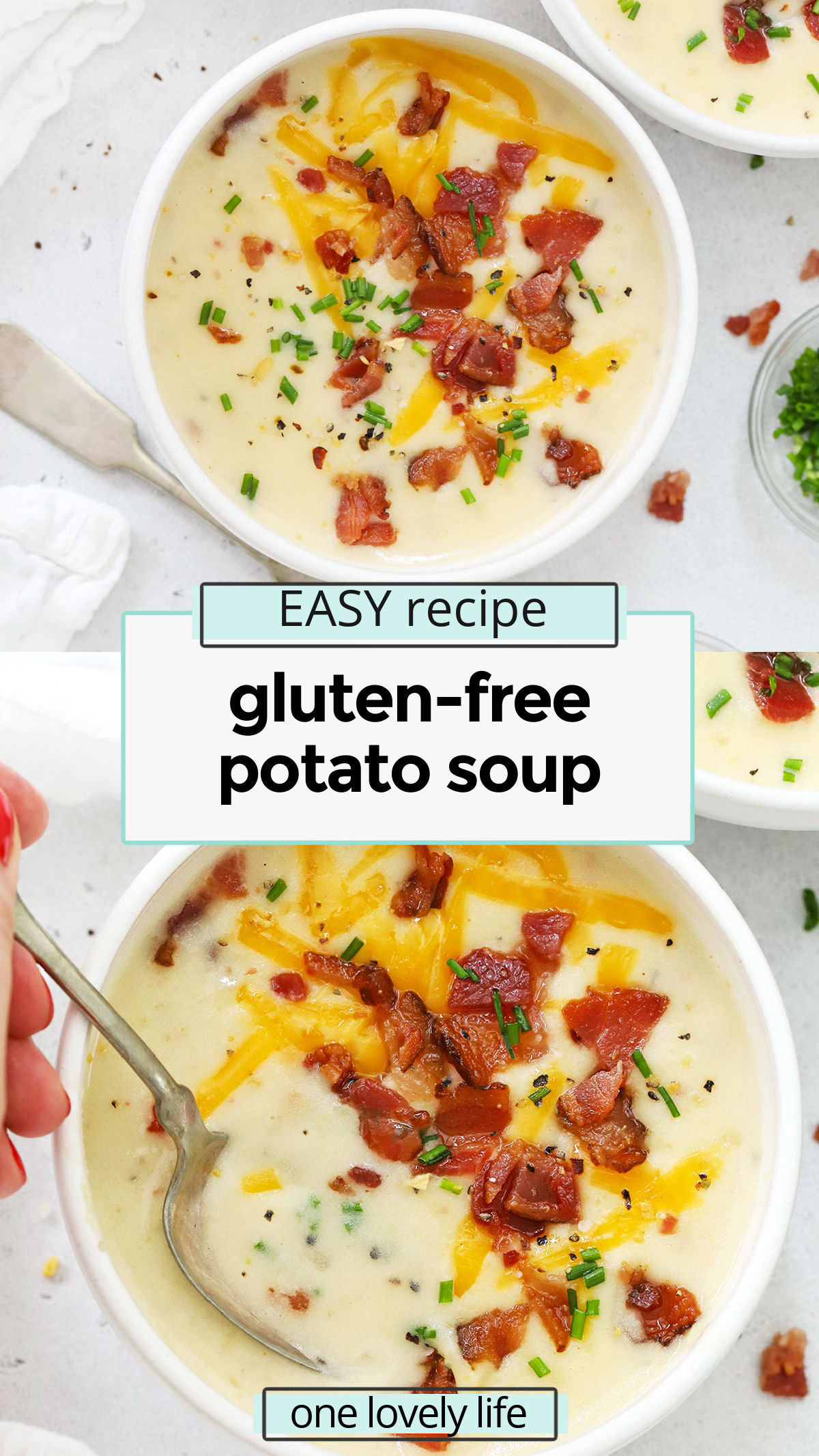 Our Gluten-Free Potato Soup recipe feels like a loaded baked potato! It's creamy, filling, and topped with goodies. It's perfect for a chilly night! // gluten free soup recipe / gluten free loaded baked potato soup / gluten free baked potato soup recipe / gluten free comfort food / the best potato soup recipe / best gluten-free potato soup recipe /