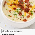 gluten free potato soup topped with cheddar cheese, bacon bits, and chives