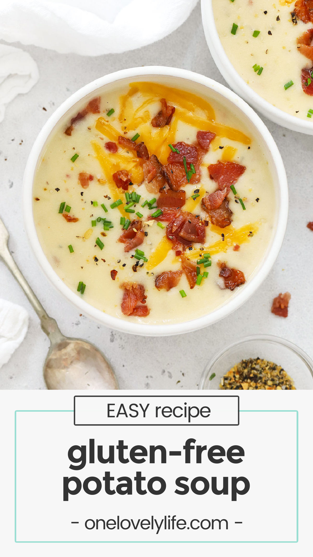 Our Gluten-Free Potato Soup recipe feels like a loaded baked potato! It's creamy, filling, and topped with goodies. It's perfect for a chilly night! // gluten free soup recipe / gluten free loaded baked potato soup / gluten free baked potato soup recipe / gluten free comfort food / the best potato soup recipe / best gluten-free potato soup recipe /