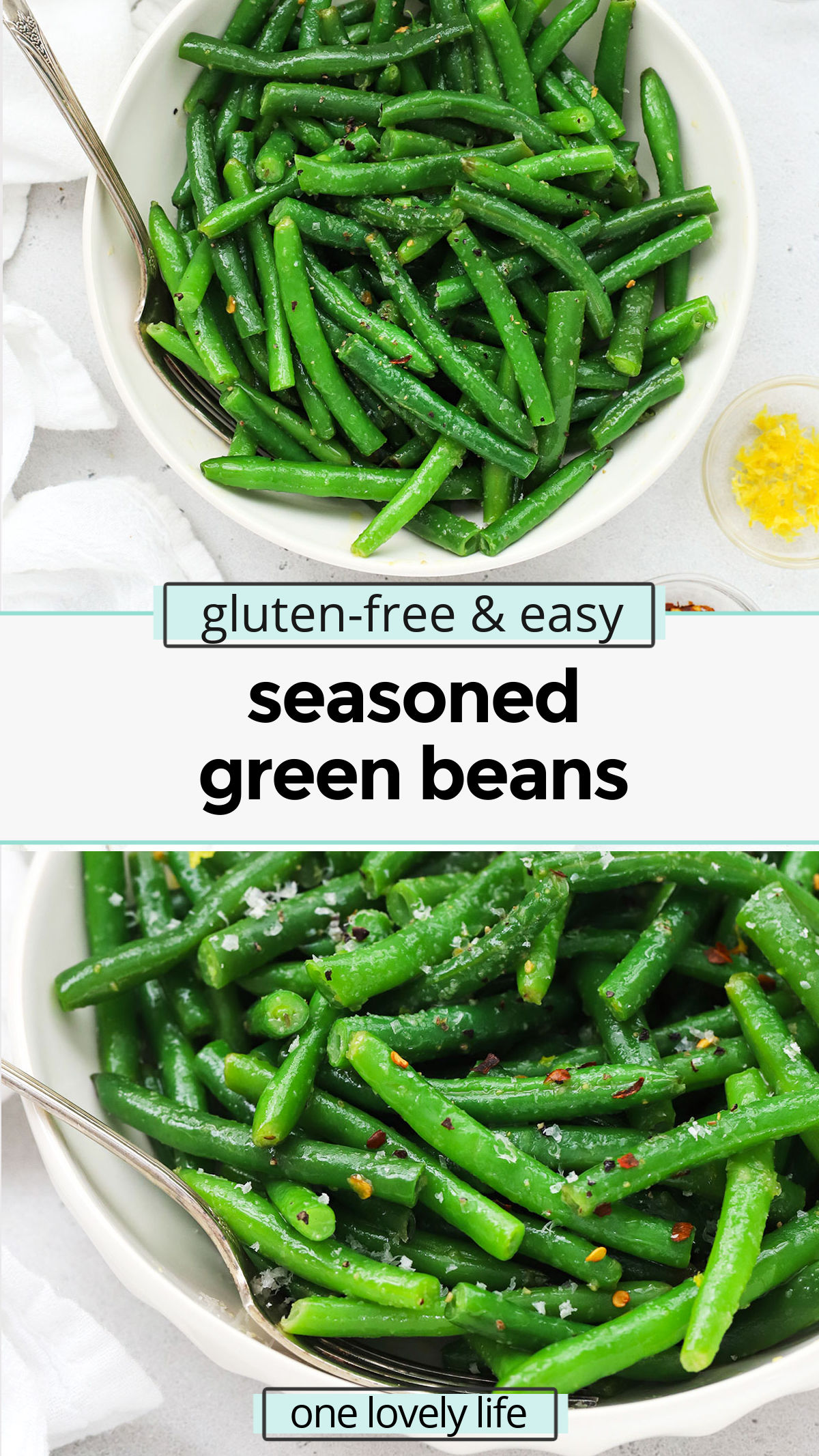 This easy seasoned green beans recipe is made from simple ingredients that pack in BIG flavor. You'll love this easy green bean seasoning! // seasoning for green beans / seasoning for frozen green beans / seasoning for canned green beans / how to season green beans / green beans side dish / seasoned green beans without bacon / green bean recipe / vegetable side dish / gluten-free side dishes / gluten-free thanksgiving recipes / gluten-free Easter recipes