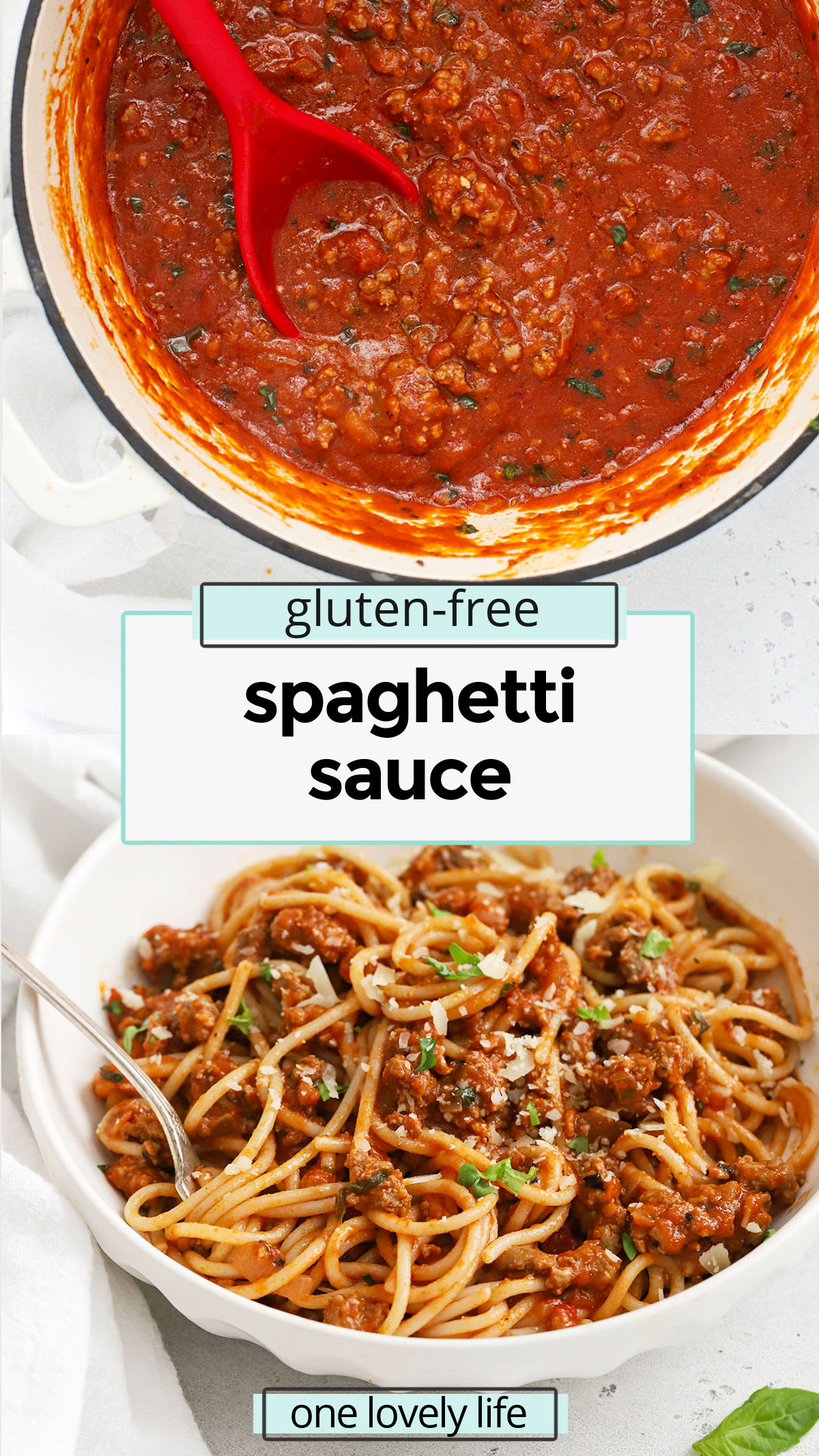 This gluten-free spaghetti sauce recipe is has all the classic flavor you crave. Perfect for feeding a crowd or freezing some for another day! // homemade gluten-free spaghetti sauce / gluten-free meat sauce for spaghetti / gluten-free spaghetti sauce brands / gluten-free spaghetti sauce from scratch / gluten-free pasta recipe / gluten-free spaghetti recipe / gluten-free spaghetti dinner / gluten-free freezer meal