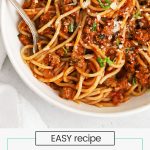 Gluten-free spaghetti tossed with gluten-free spaghetti sauce and parmesan cheese