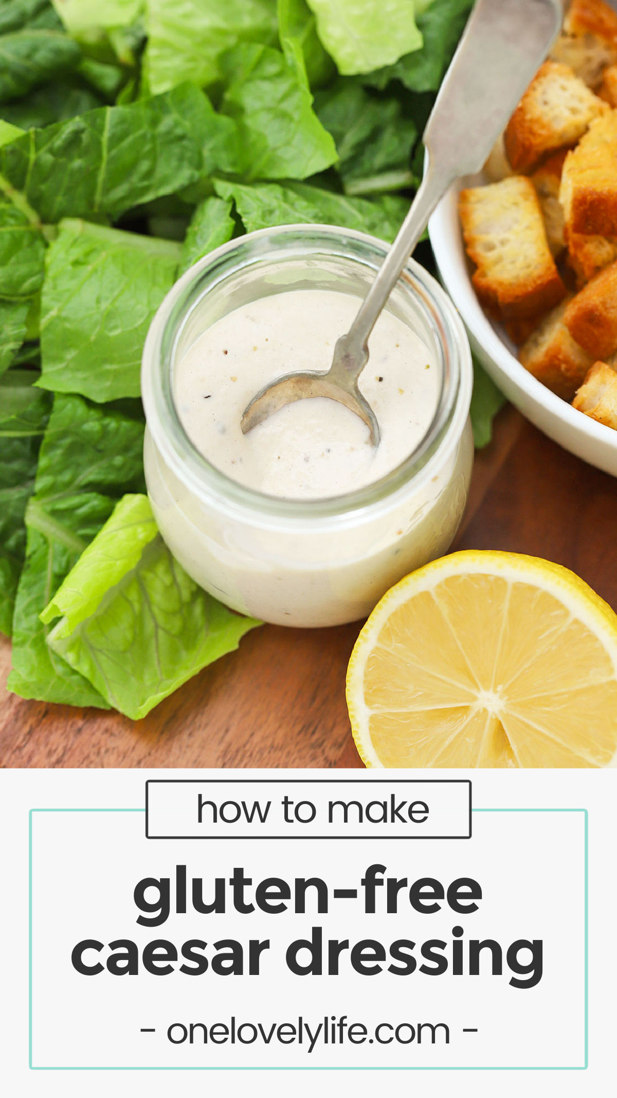 Our Easy Caesar Dressing recipe is perfect for weeknight salads, wraps, and more. No anchovy paste required! (Gluten-Free) // Caesar salad dressing without anchovies / caesar dressing without anchovy paste / homemade caesar dressing / caesar salad dressing from scratch / homemade salad dressing / side salad dressing / parmesan salad dressing / caesar salad dressing no anchovy paste / gluten free salad dressing