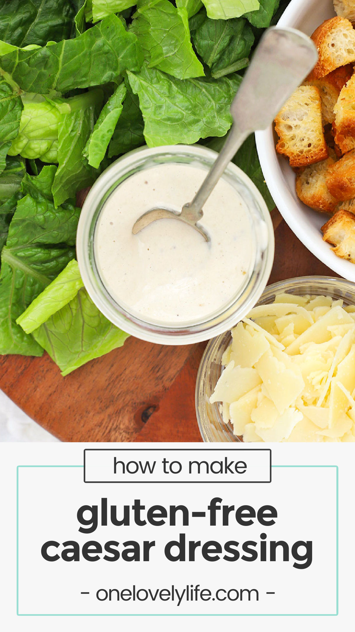 Our Easy Caesar Dressing recipe is perfect for weeknight salads, wraps, and more. No anchovy paste required! (Gluten-Free) // Caesar salad dressing without anchovies / caesar dressing without anchovy paste / homemade caesar dressing / caesar salad dressing from scratch / homemade salad dressing / side salad dressing / parmesan salad dressing / caesar salad dressing no anchovy paste / gluten free salad dressing