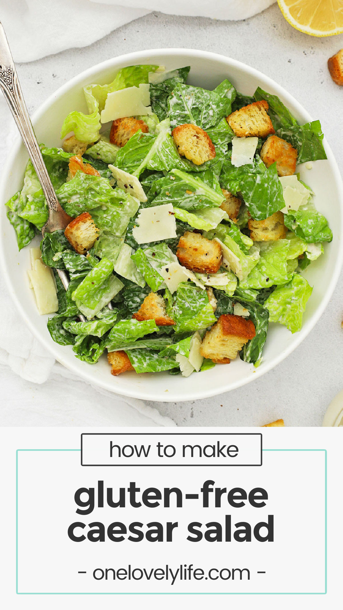 This Gluten-Free Caesar Salad recipe has all of the classic flavor you crave, simply made gluten-free! Enjoy as a side or upgrade to a main dish with one of our tricks! // easy gluten free caesar salad / gluten free caesar salad recipe / gluten free side salad / gluten free caesar dressing / gluten free salad recipes / side salad / gluten free croutons / gluten free romantic dinner / gluten free side dish / gluten free steak dinner ideas /