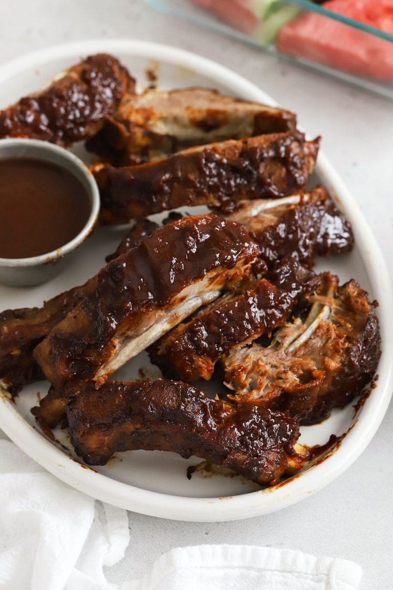 slow cooker ribs on a white platter