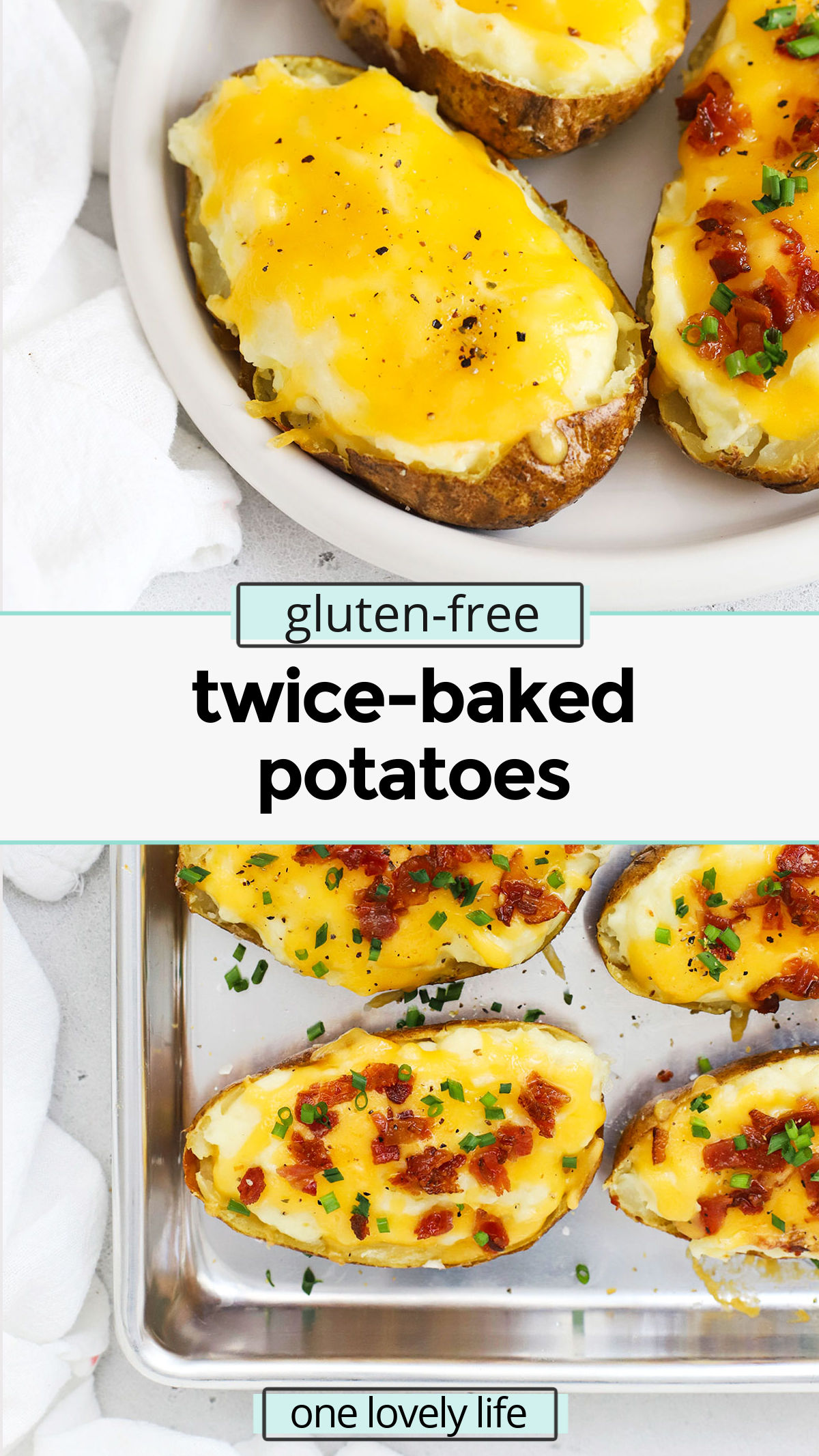 Our Twice Baked Potatoes recipe is a popular side dish that's delicious with all sorts of dinners. Don't miss all our favorite add-ins and toppings to try! / easy twice-baked potatoes recipe / gluten-free twice baked potatoes recipe / twice baked potatoes with cheese / twice baked potatoes with bacon / the best twice baked potatoes recipe / easter side dish / easter potatoes / thanksgiving side dish / thanksgiving potatoes /